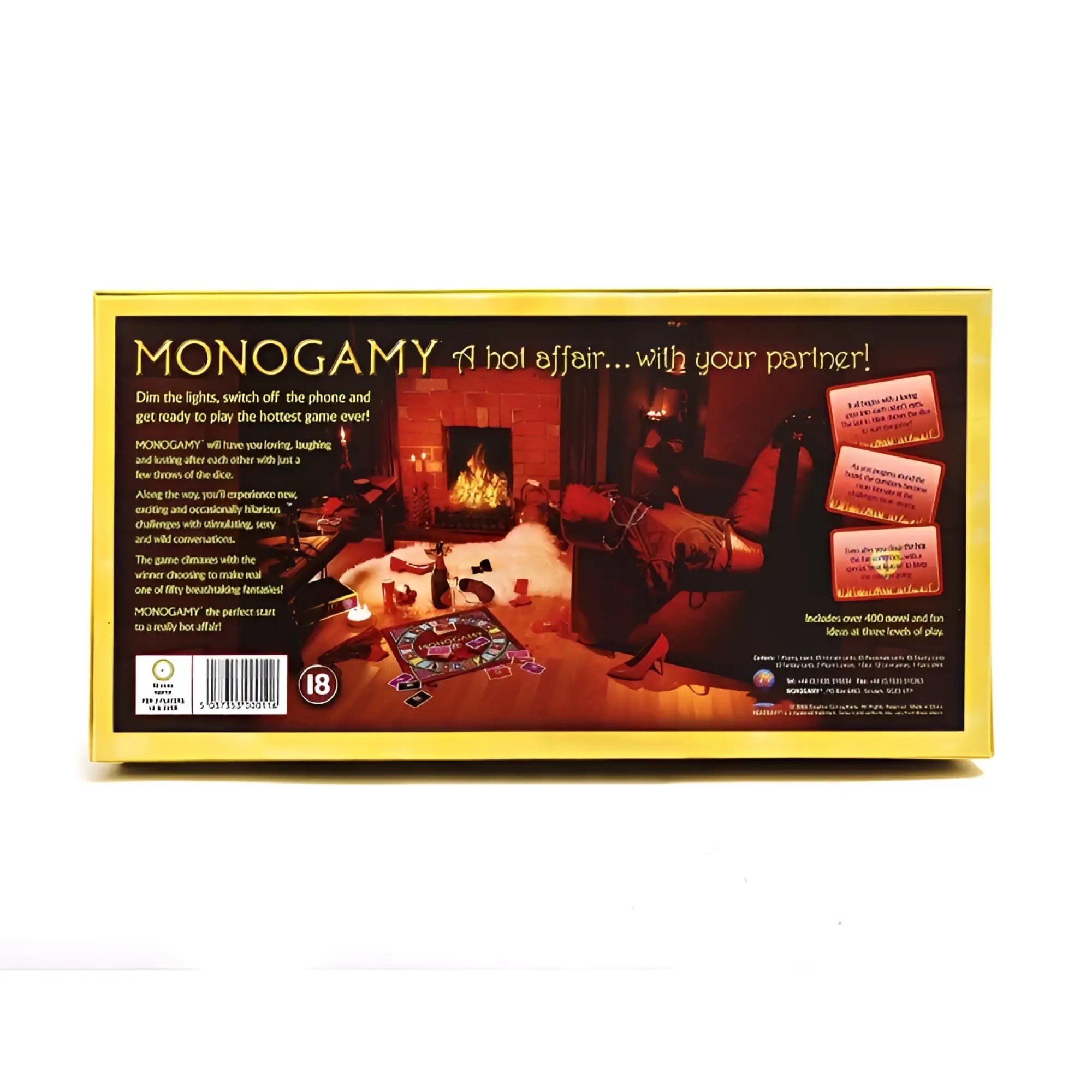 Creativec monogamy a hot affair board game box with yellow border and dark romantic illustration near fireplace
