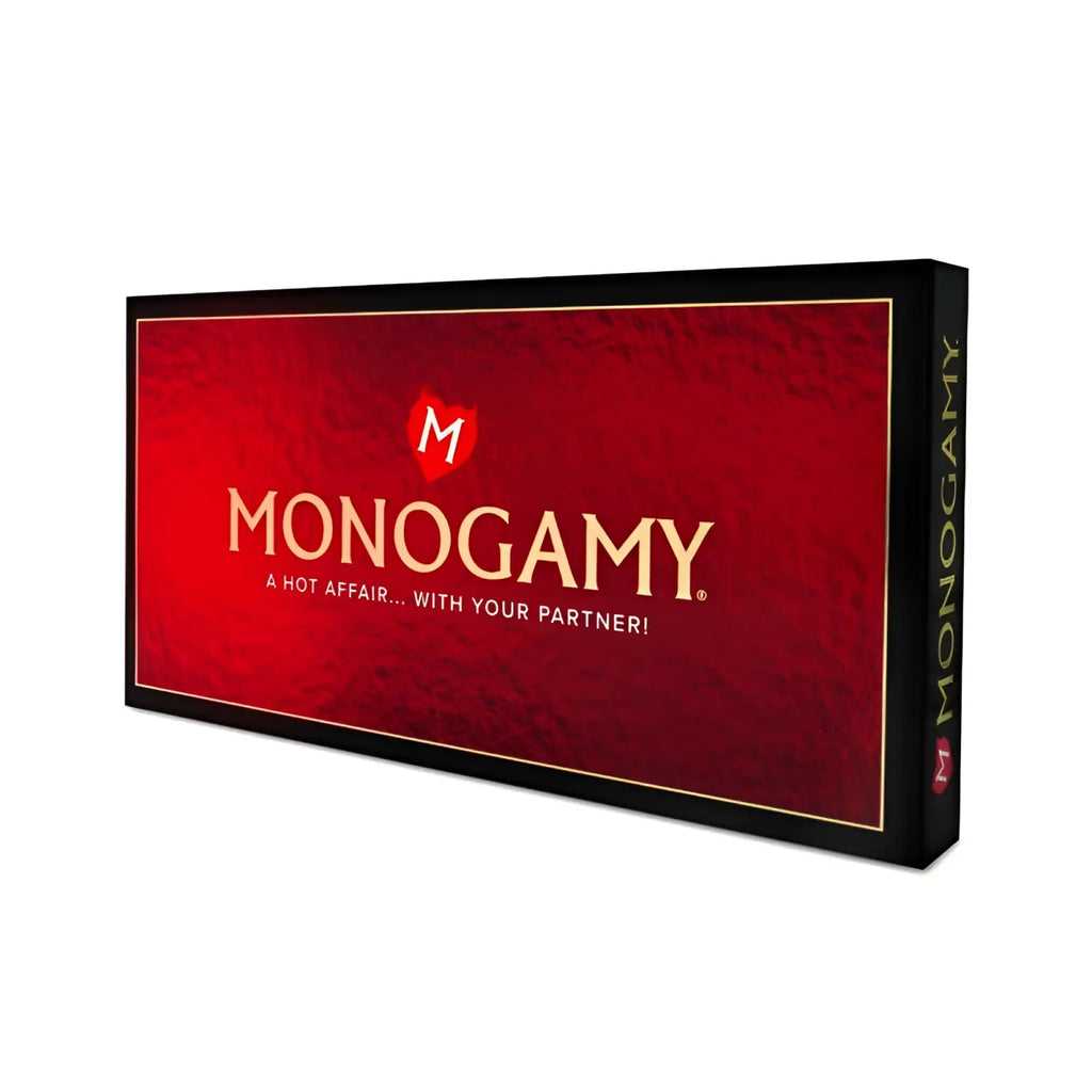CreativeC monogamy is a red and black board game box with gold lettering designed for a hot affair with your partner
