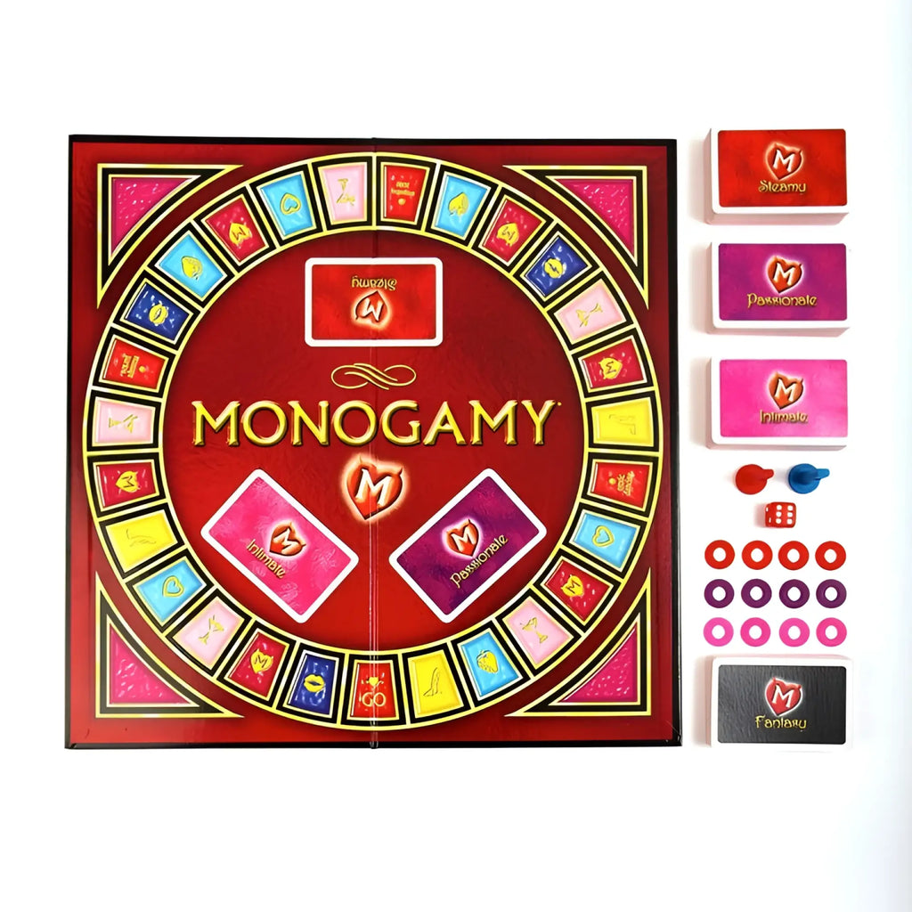 Creativec monogamy a hot affair board game with red box colorful cards and dice for couples gameplay