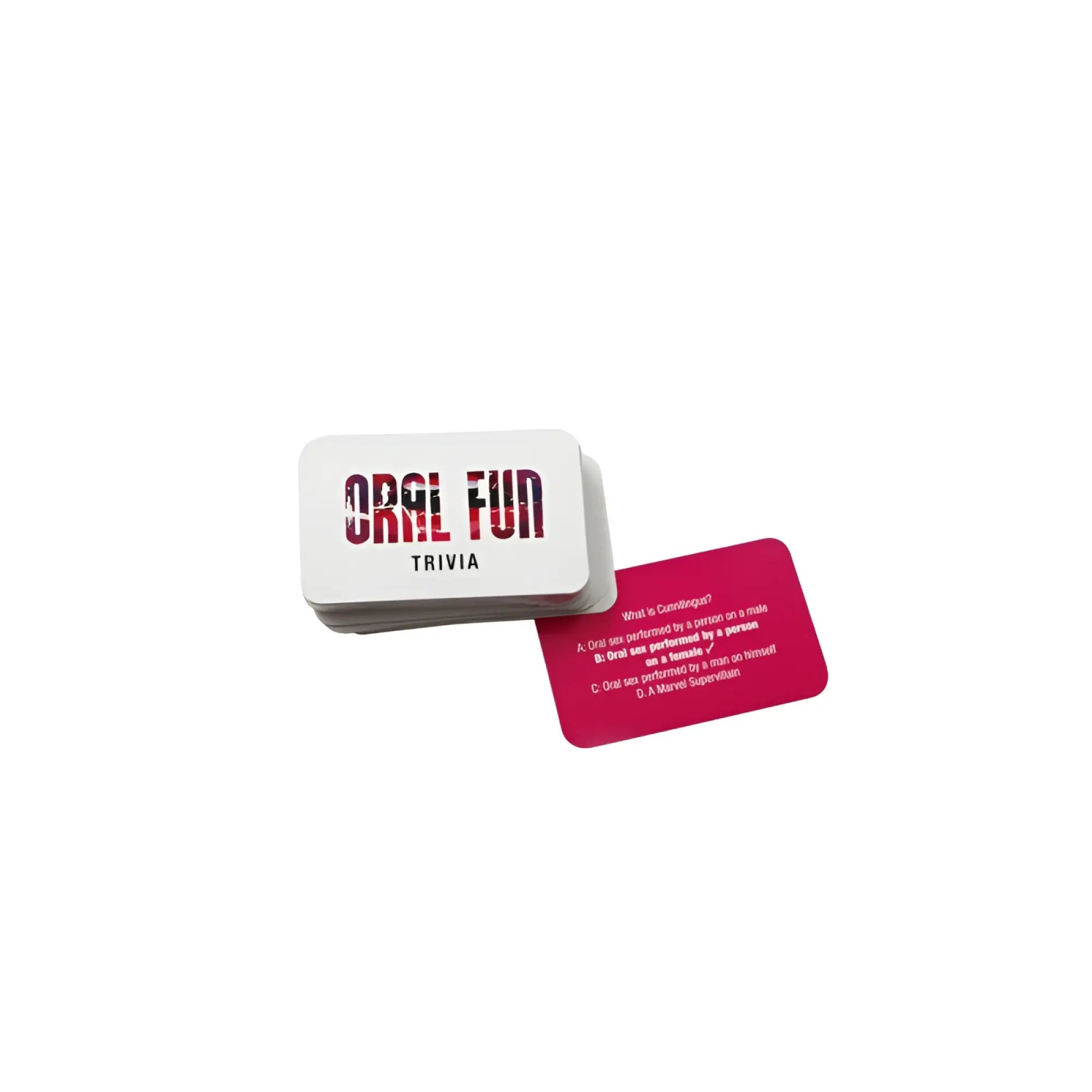 A stack of white and pink CreativeC oral fun game trivia cards with bold red lettering and a playful adult design