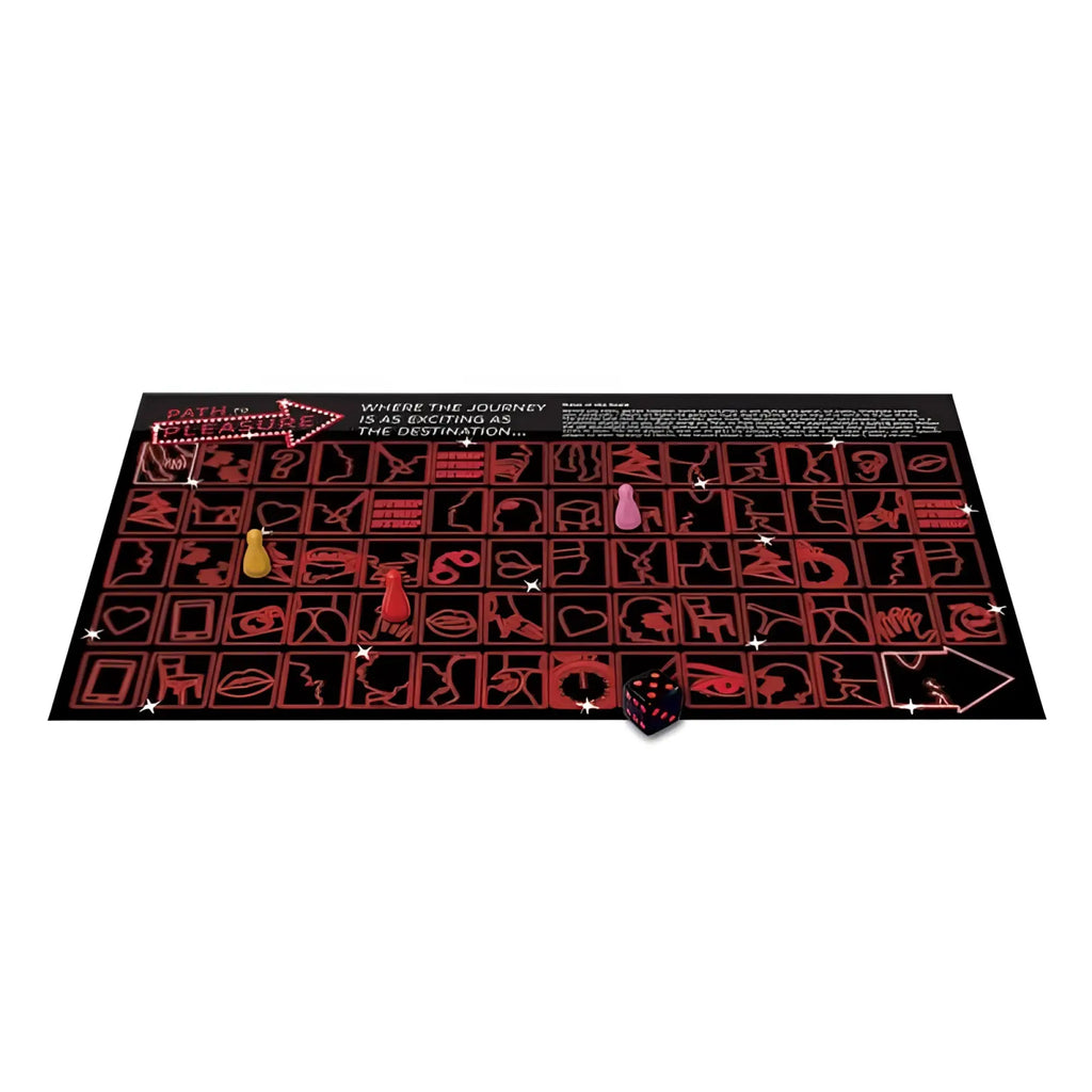 Creativec path to pleasure black board game with red glowing symbols and three colorful pawns on a grid