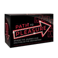 Creativec path to pleasure black rectangular box with glowing red neon arrow and pink text with white bulbs along edges
