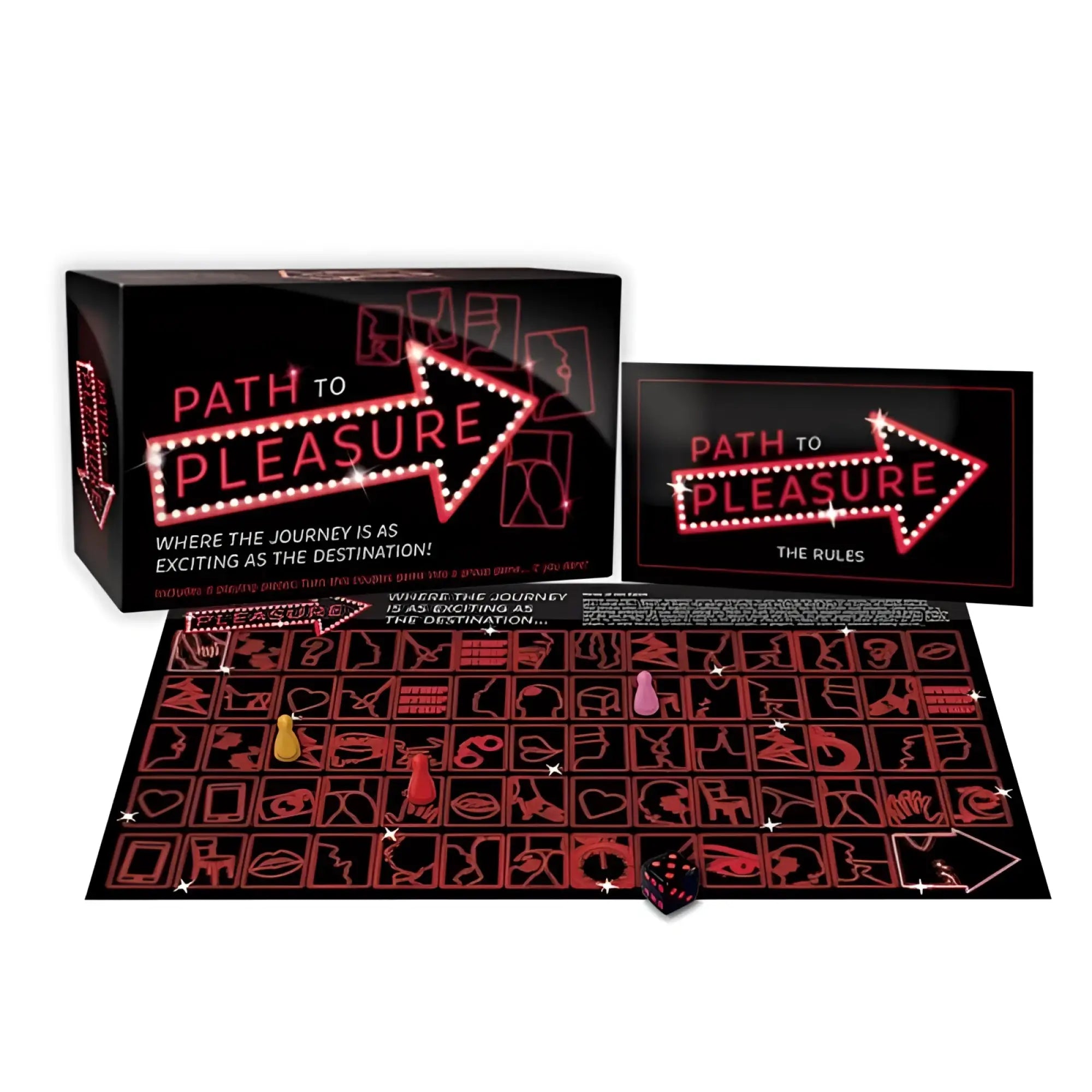 Creativec path to pleasure board game with red and black neon arrow design and symbol grid playing mat