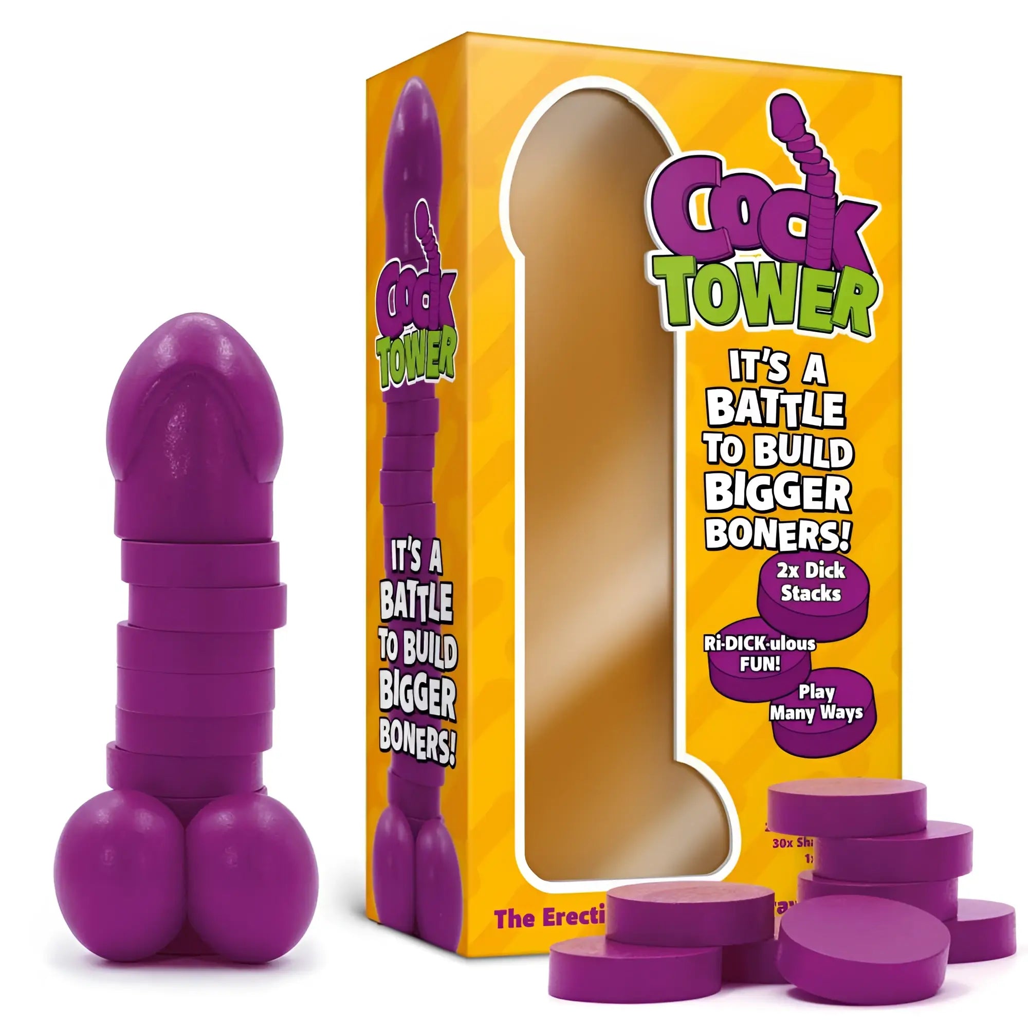 Purple wooden creativec play wiv me cock tower game with stacked circular pieces for fun stacking play