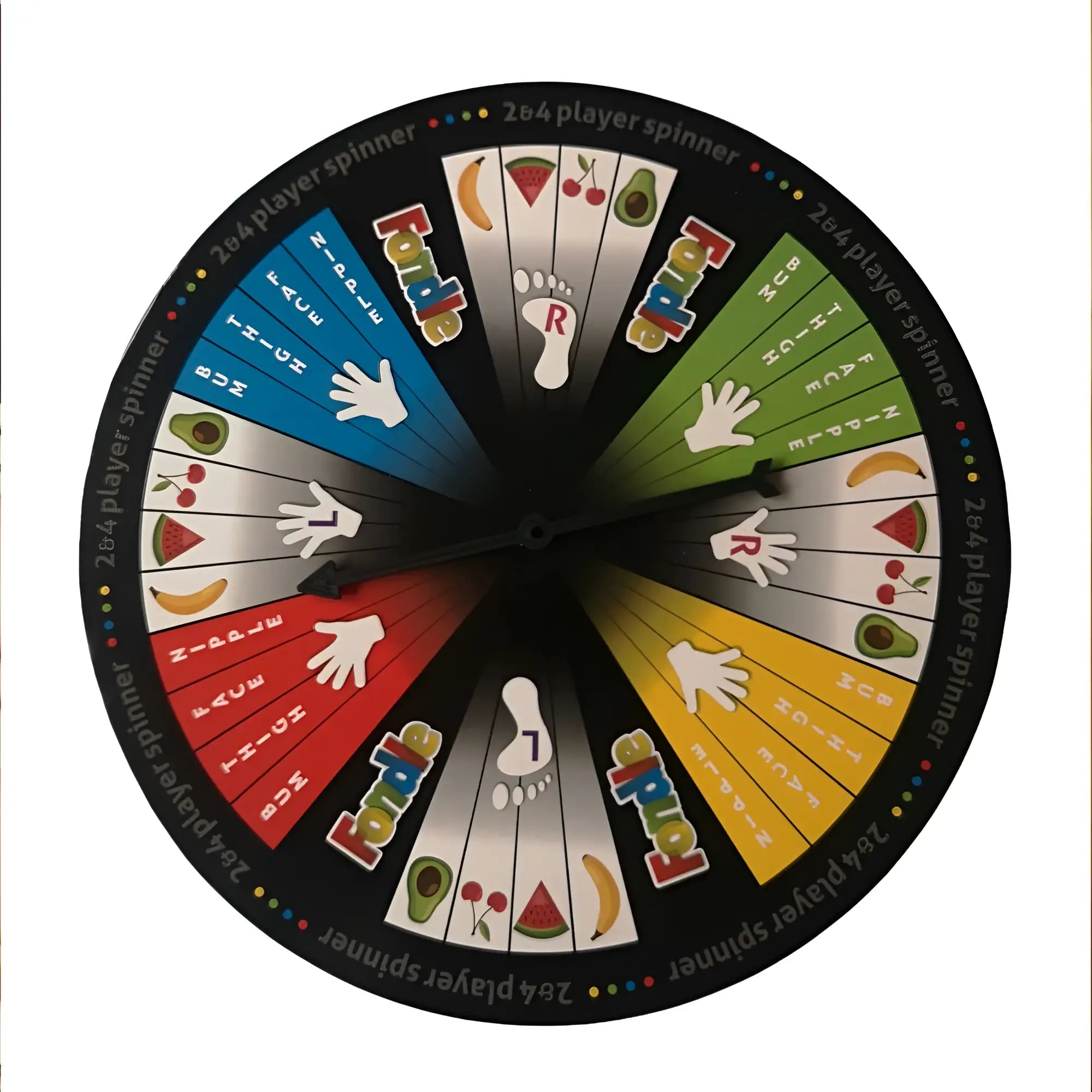Colorful circular game spinner with fruit hand and foot icons in vibrant rainbow hues for creativec play wiv me fondle board game