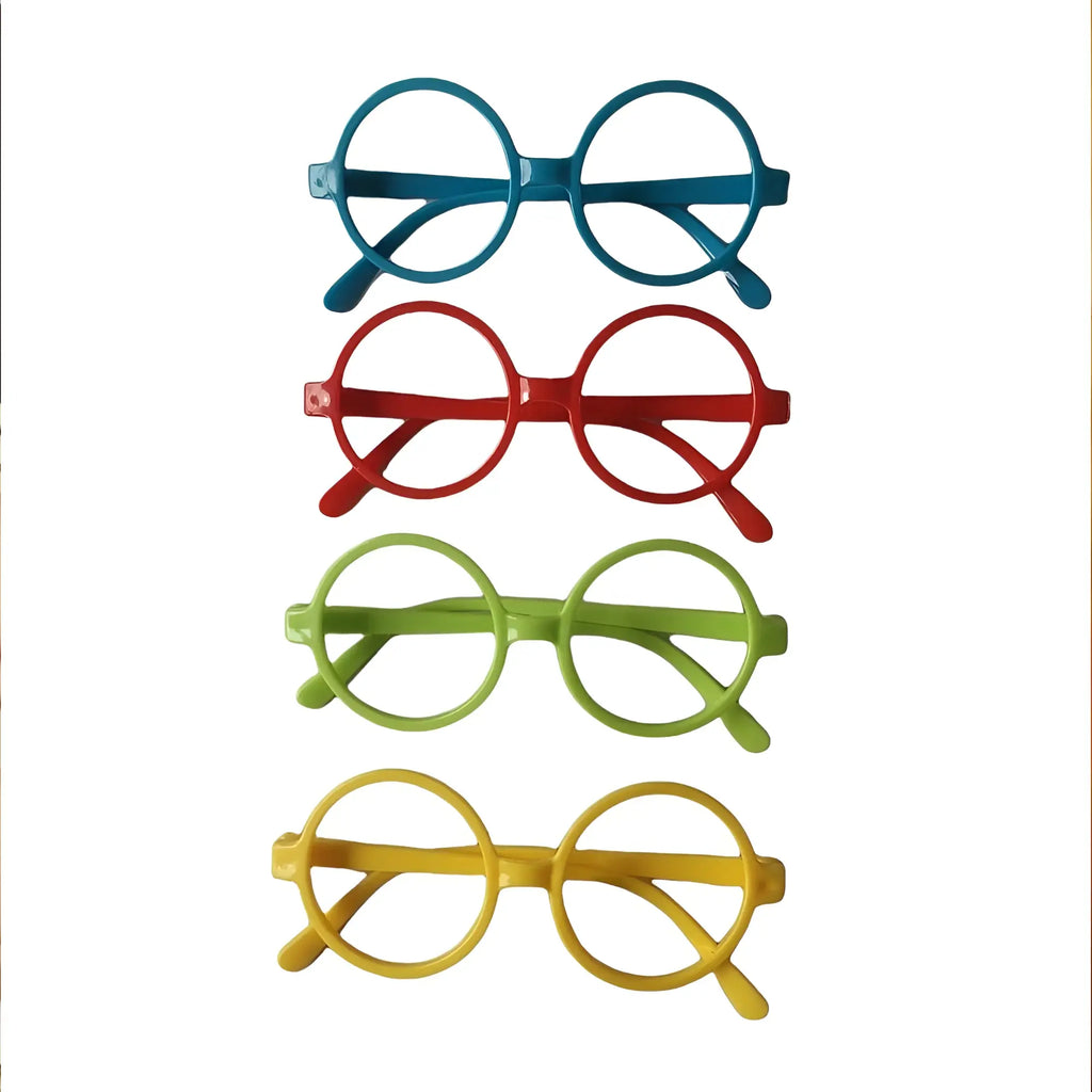 Set of four colorful round-framed plastic novelty glasses in blue red green and yellow for creativec play wiv me fondle board game