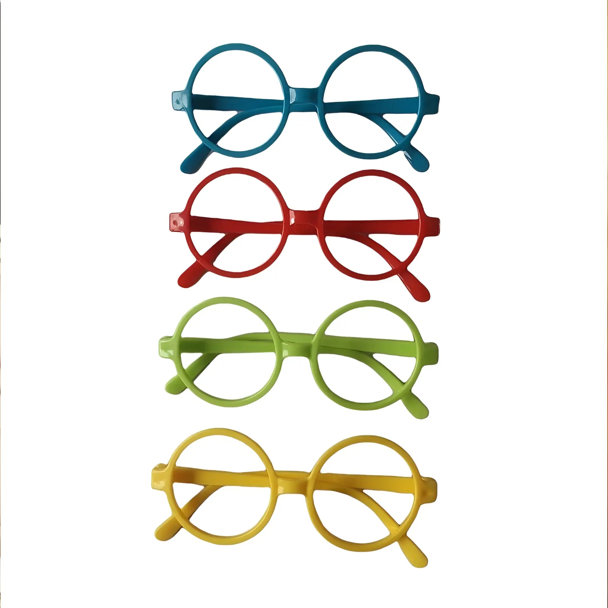 Set of four colorful round-framed plastic novelty glasses in blue red green and yellow for creativec play wiv me fondle board game