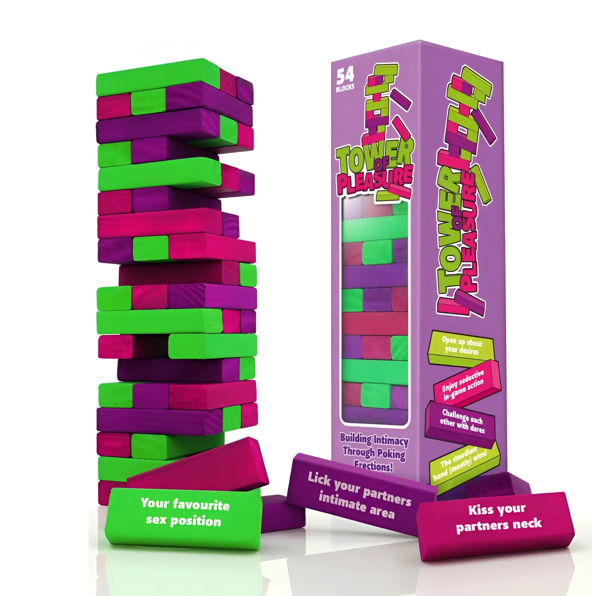 CreativeC Play Wiv Me tower of pleasure game set with 54 vibrant green and purple blocks in a playful design
