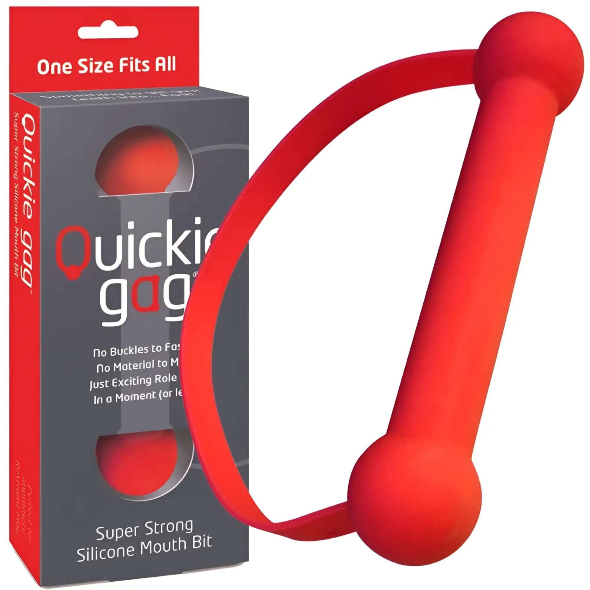 Red silicone mouth bit with curved strap and rounded ends branded as CreativeC Quickie Gag for comfortable use