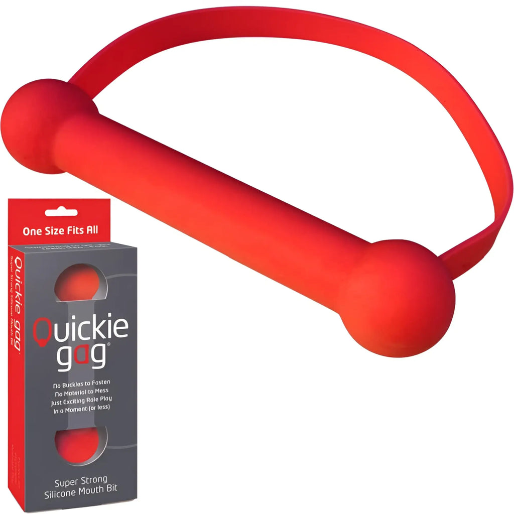 Red silicone mouth gag with rounded ends and curved handle branded as CreativeC Quickie Gag mouth bit red