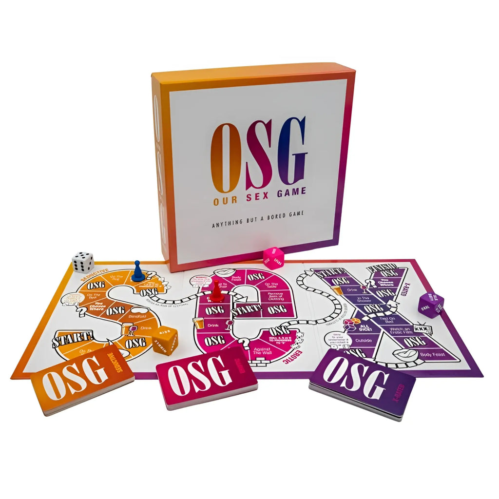 Vibrant orange and purple board game box for CreativeC Our Sex Game with colorful mat, dice, and cards displayed