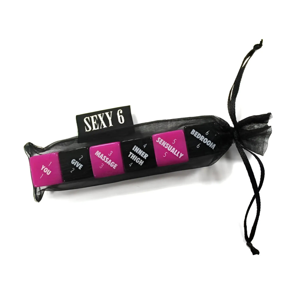 A black sheer drawstring bag containing six pink and black labeled massage cubes for adult use from CreativeC Sexy 6 Foreplay Edition