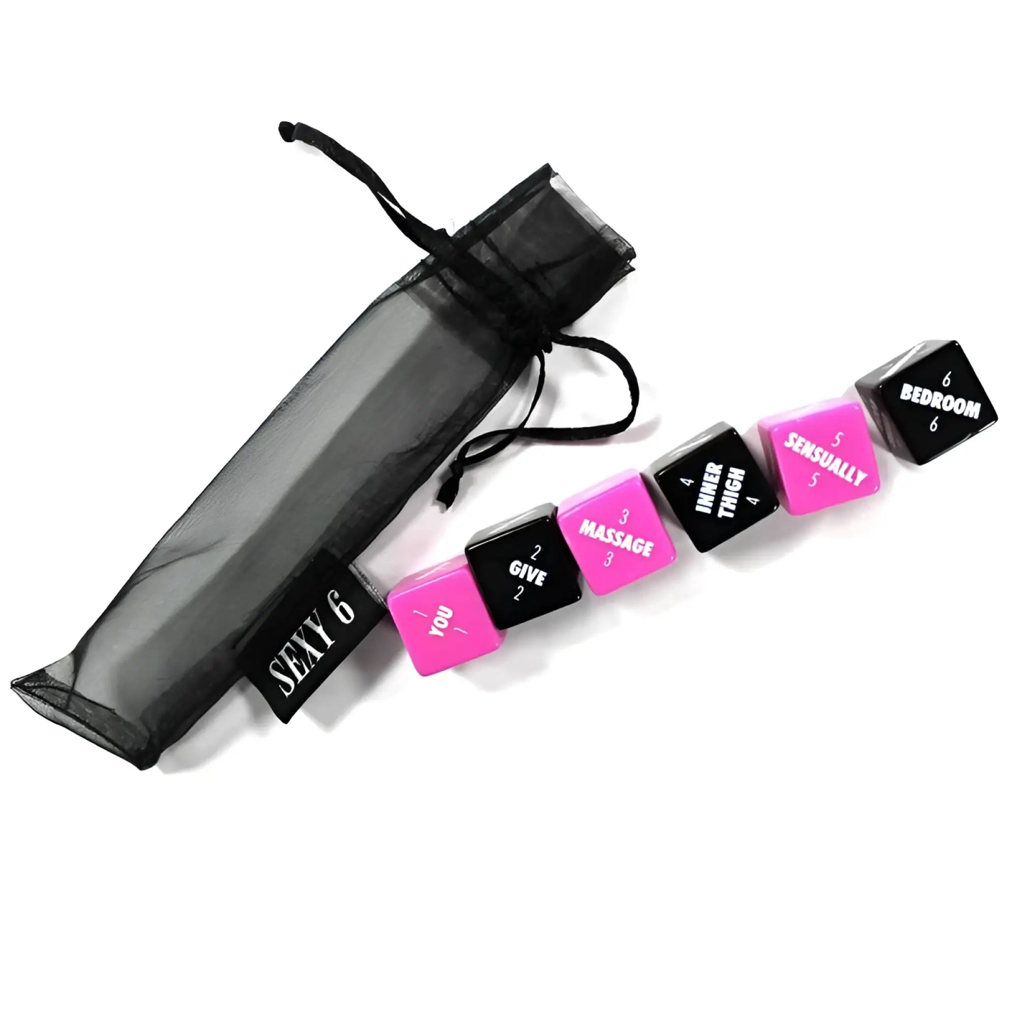 Set of six pink and black dice with white text in a sheer black drawstring bag for creativec sexy 6 foreplay edition