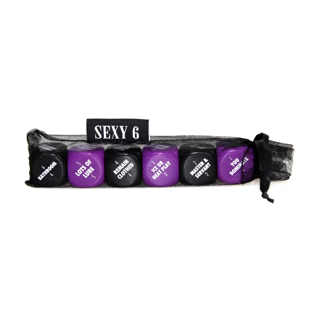 Creativec sexy 6 kinky edition purple and black dice set in sheer mesh bag with sexy 6 label