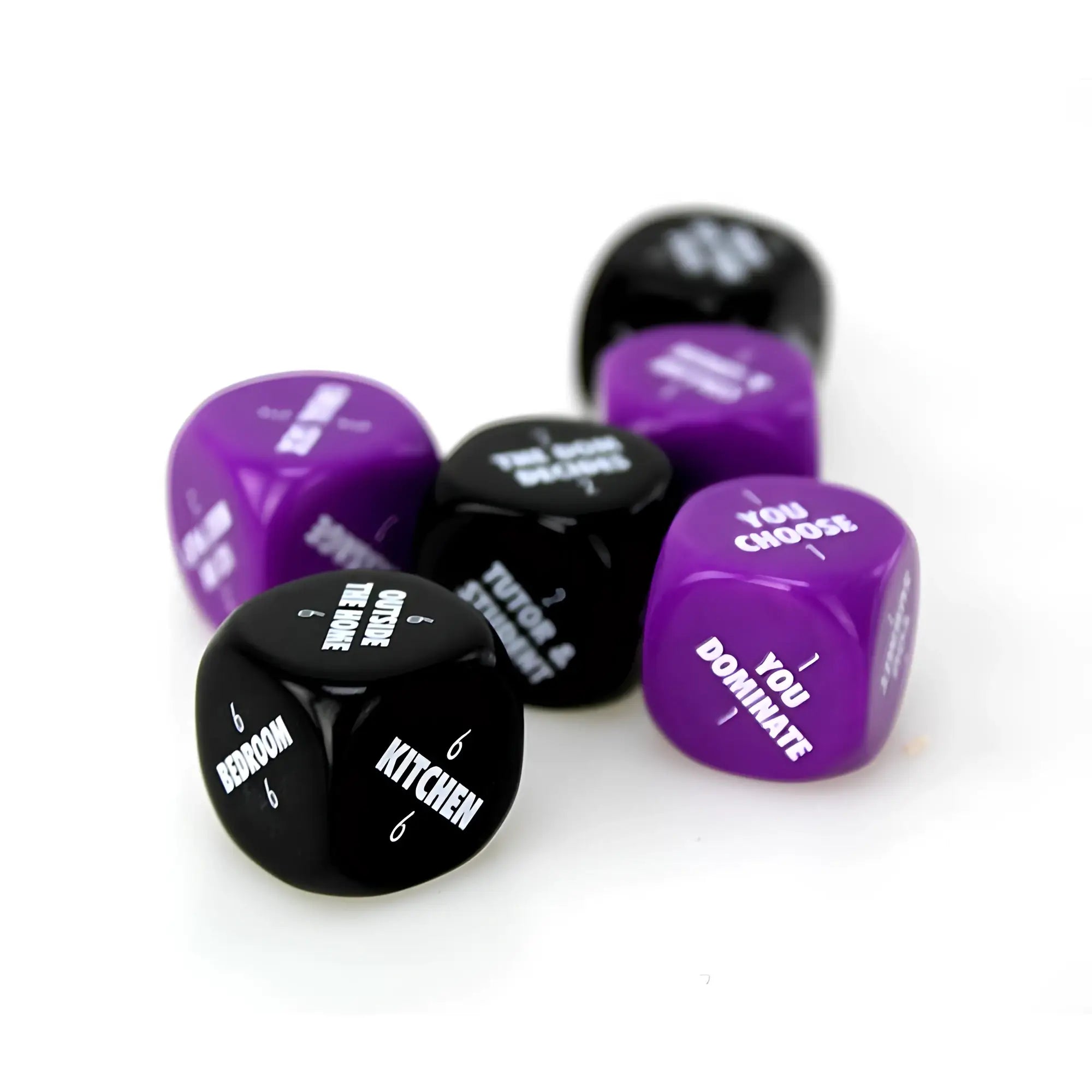 Creativec sexy 6 kinky edition purple and black six-sided dice with white text featuring phrases and room names