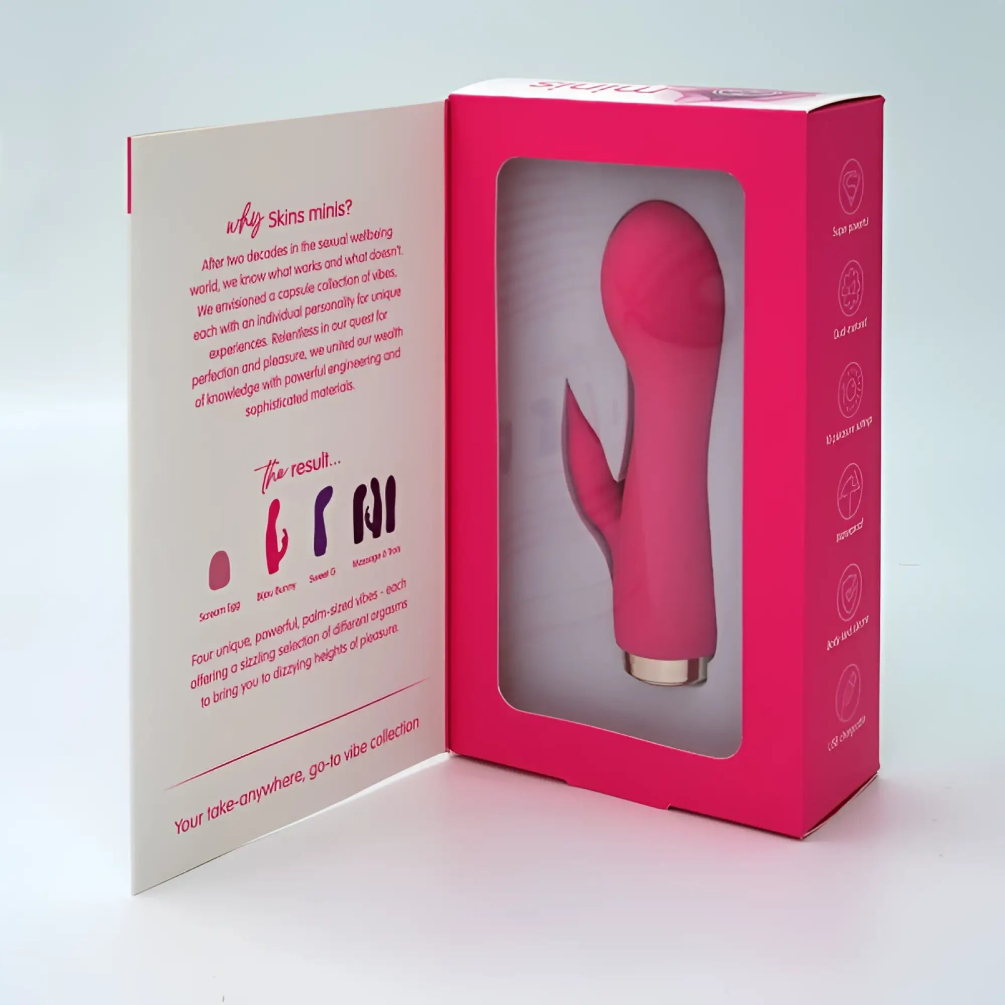 Pink silicone rabbit-shaped vibrator with gold base in branded packaging from creativec skins minis the bijou bunny