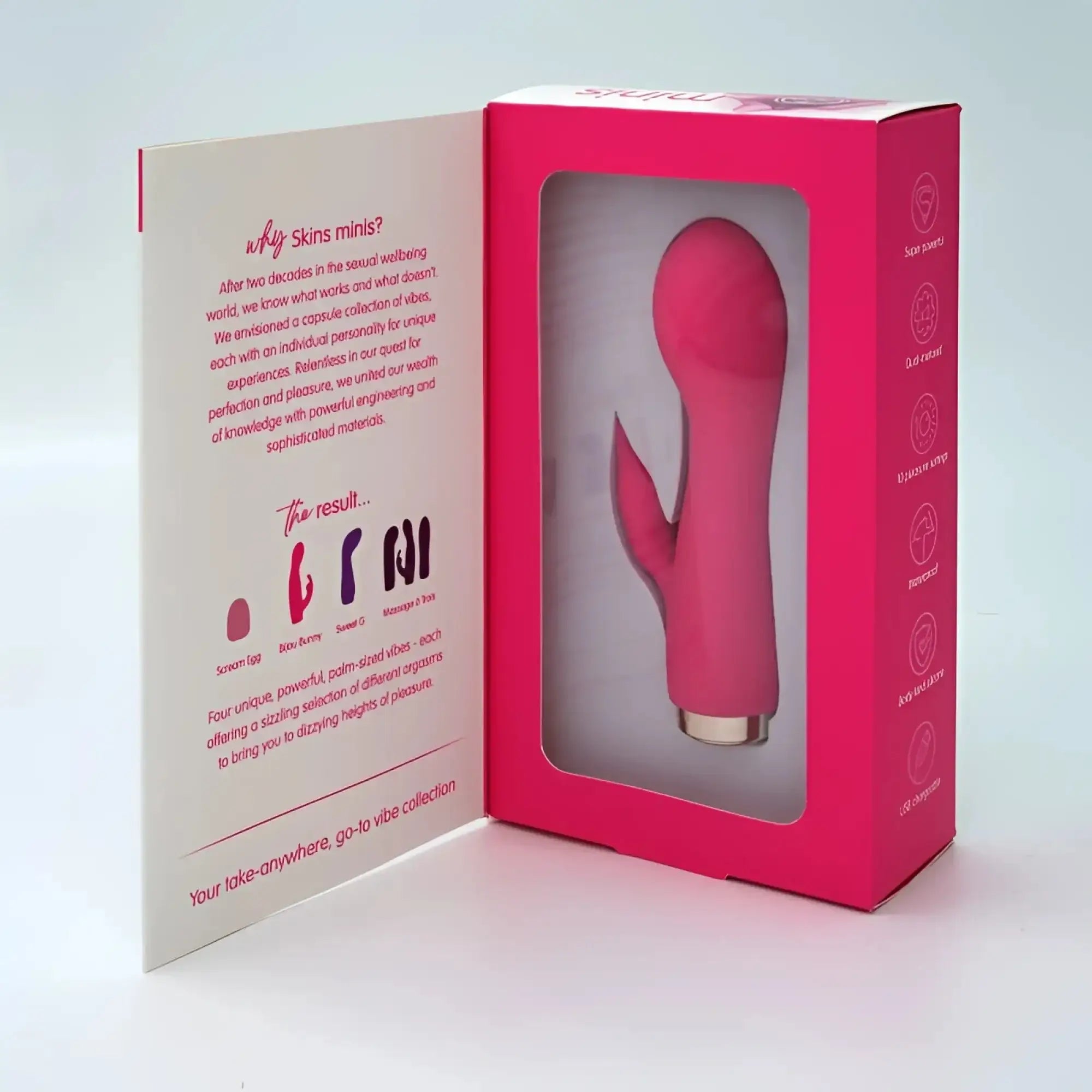 Pink silicone rabbit-shaped vibrator with gold base in branded packaging from creativec skins minis the bijou bunny