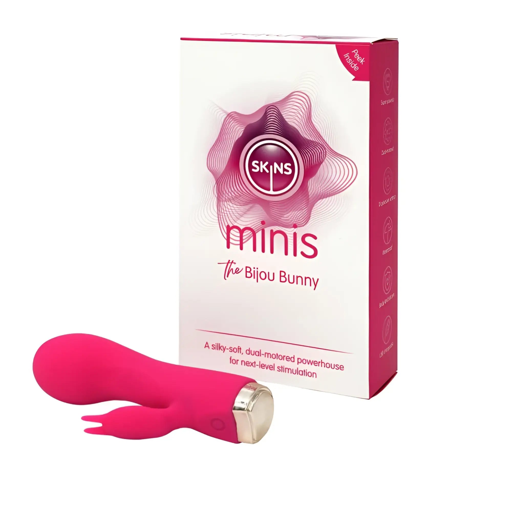 CreativeC Skins Minis the Bijou Bunny vibrant pink silky silicone toy with metallic silver base and bunny-like appendages