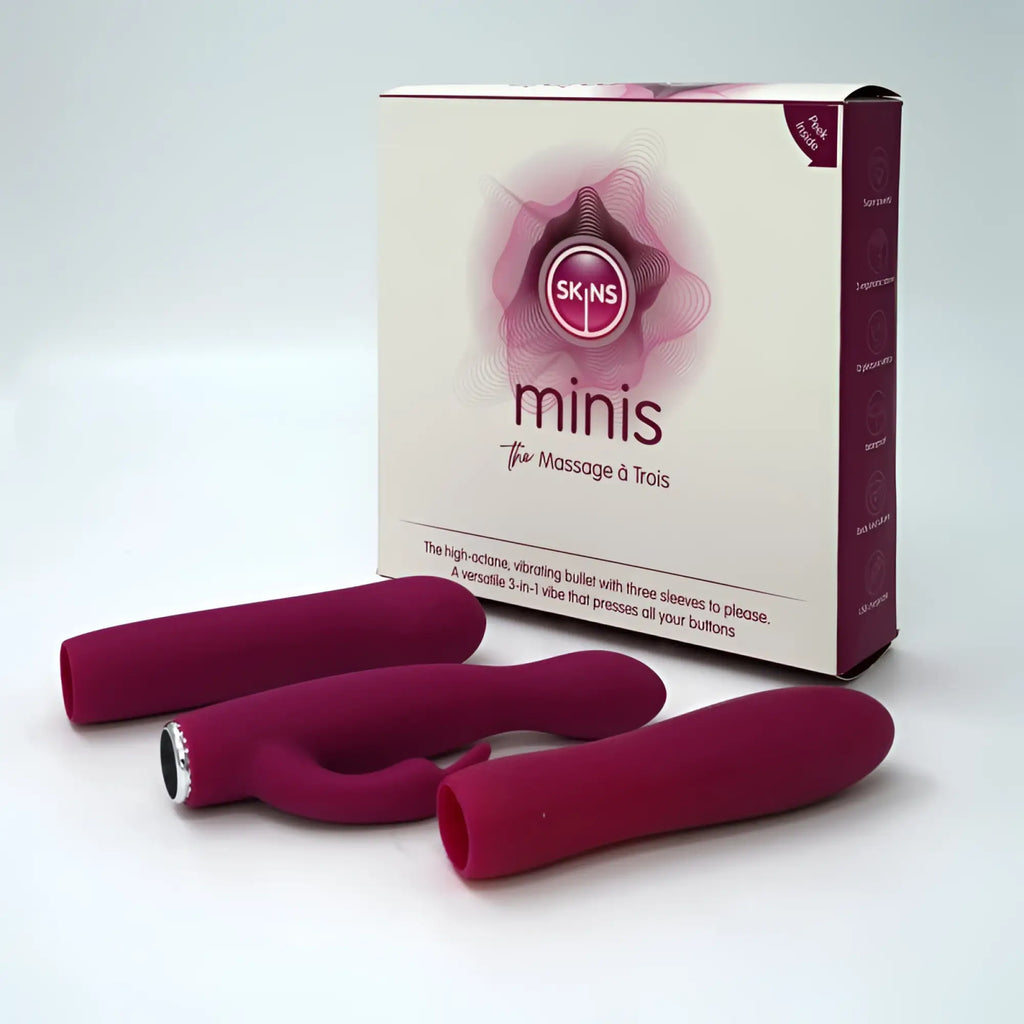 Creativec skins minis massage a trois 3-in-1 vibrating massager set with three purple silicone sleeves and silver tip
