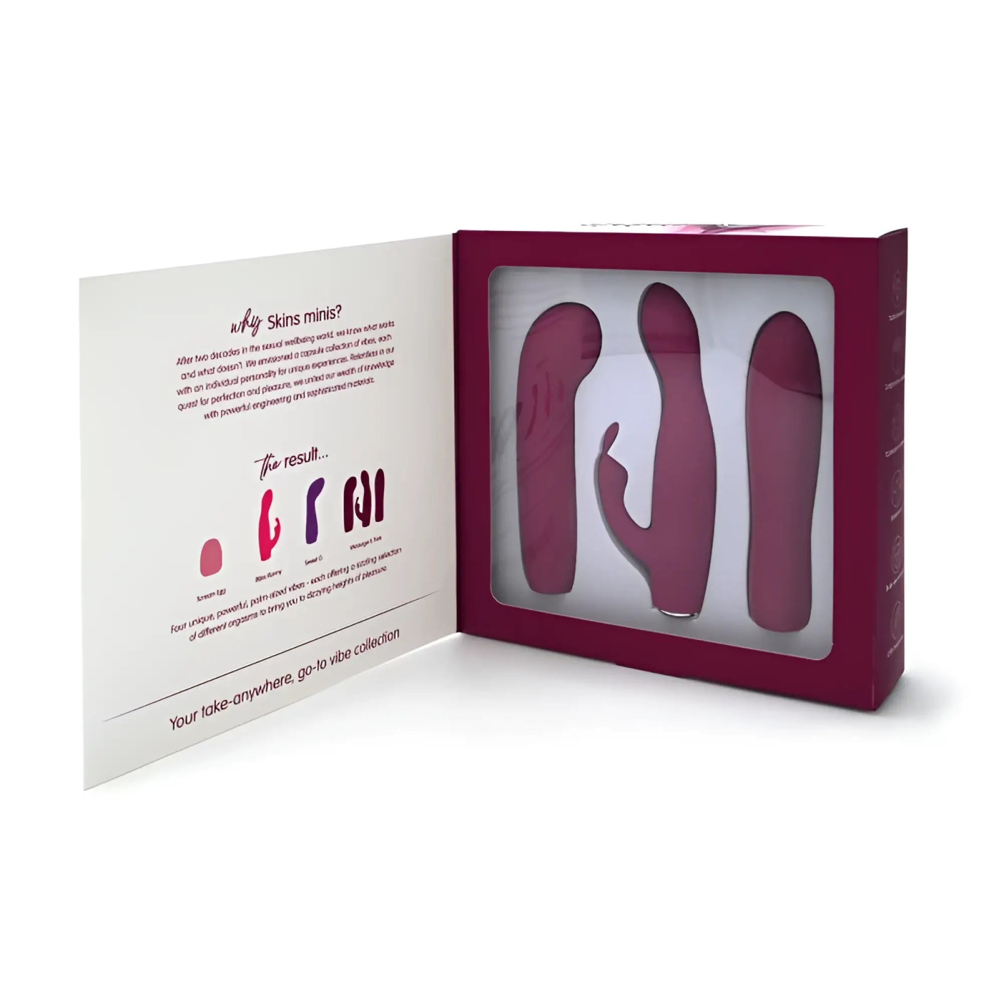 Maroon silicone vibrators in a sleek branded box from creativec skins minis massage a trois set for targeted massage