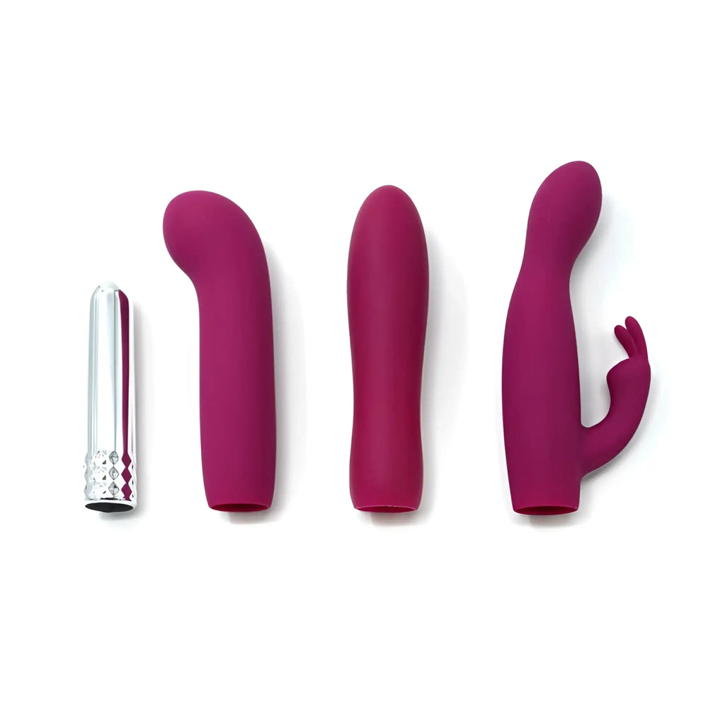 Set of four magenta silicone vibrators with one silver diamond embossed cylindrical device creativec skins minis massage a trois
