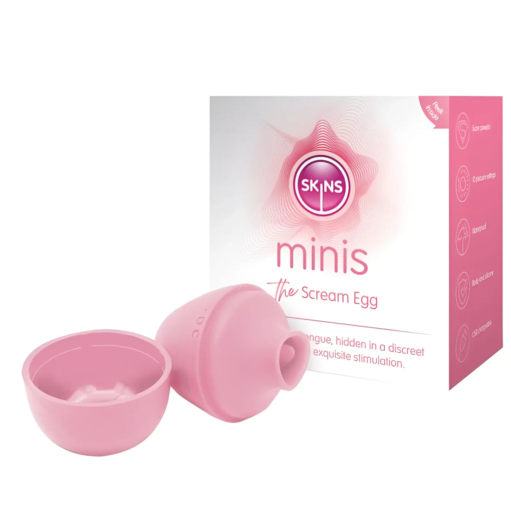 Pink silicone egg-shaped CreativeC Skins Minis the scream egg with matching lid for discreet personal use