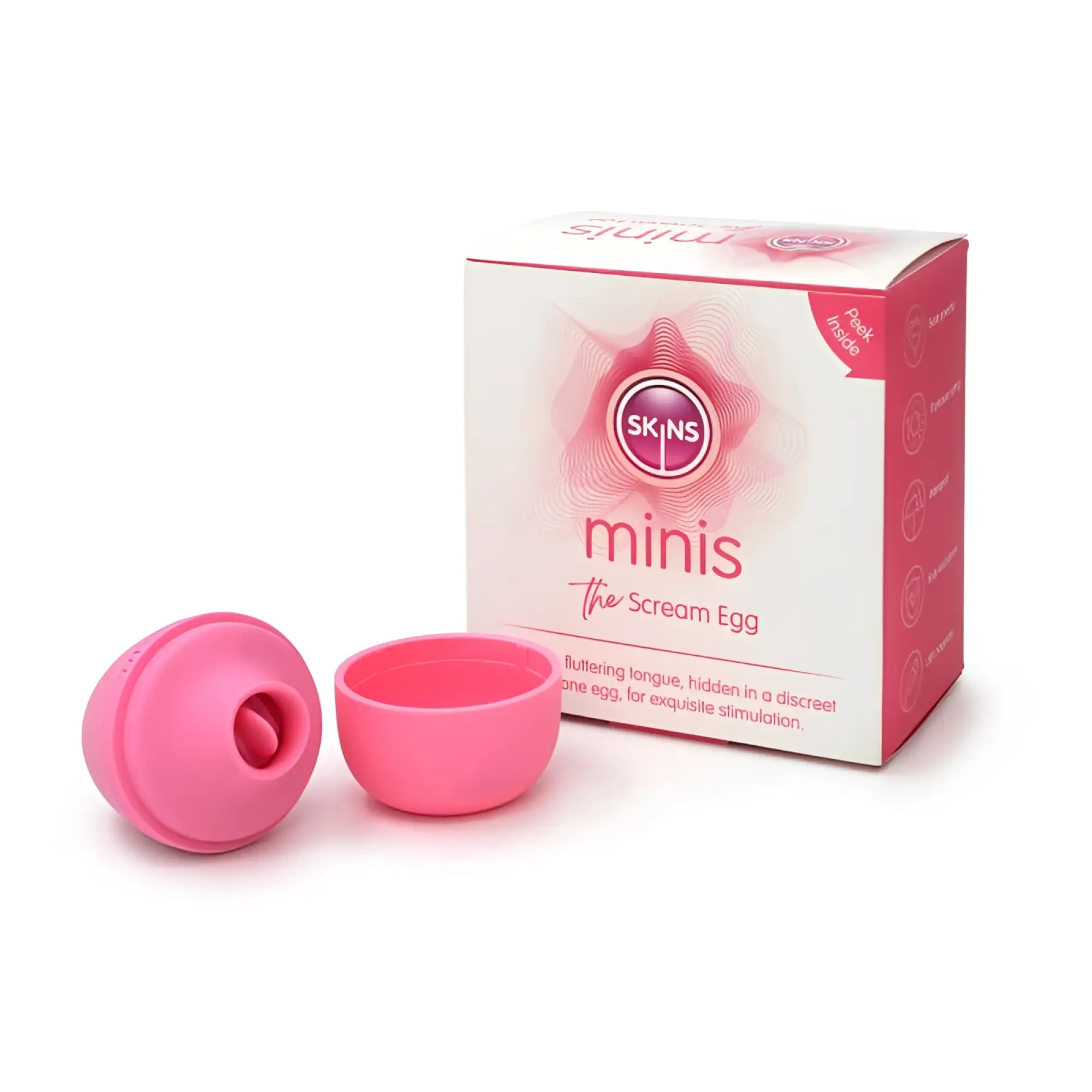 Pink silicone egg-shaped vibrator with removable cap branded as CreativeC skins minis the scream egg for discreet use