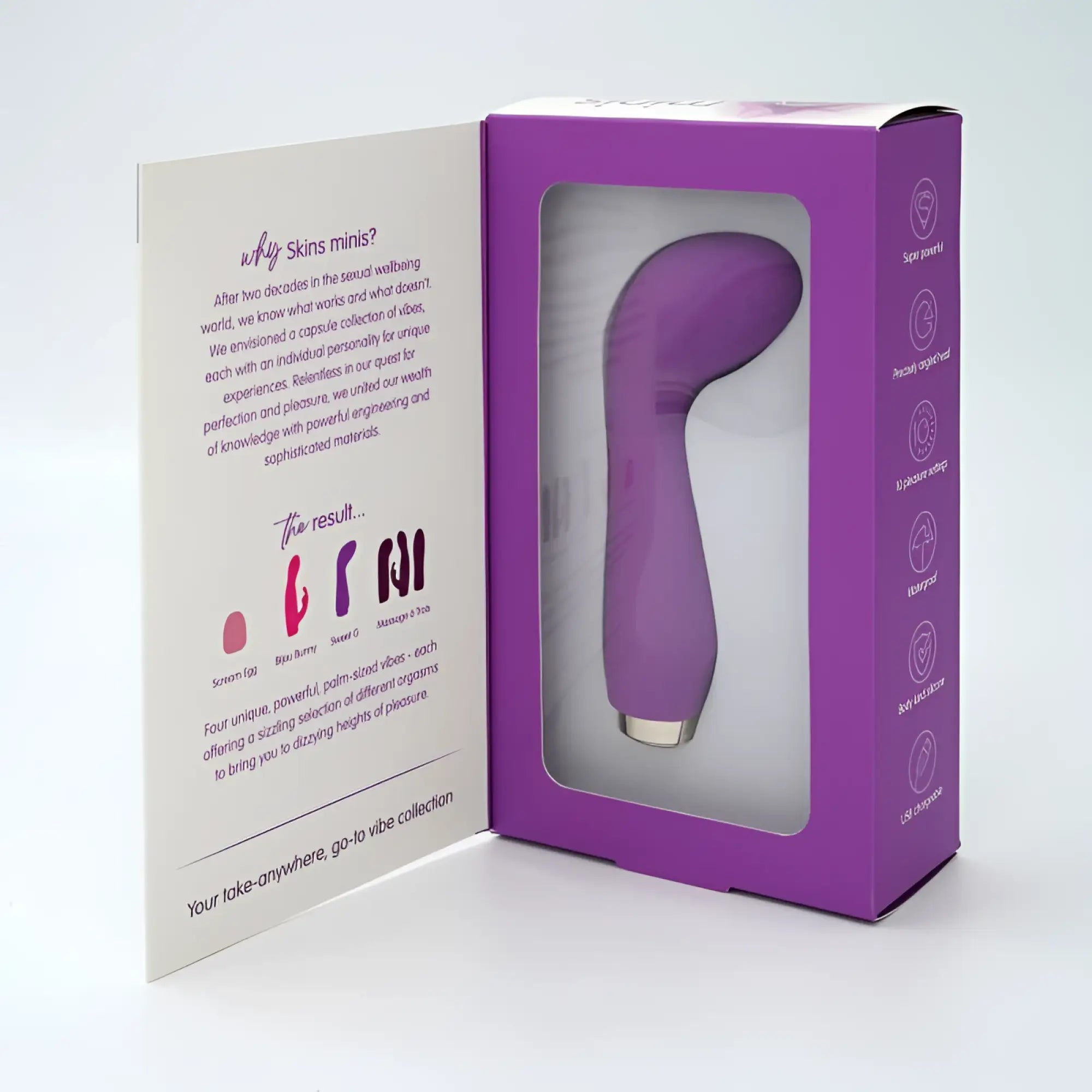 Purple silicone vibrato with metallic silver tip packaged in branded box for creativec skins minis the sweet g