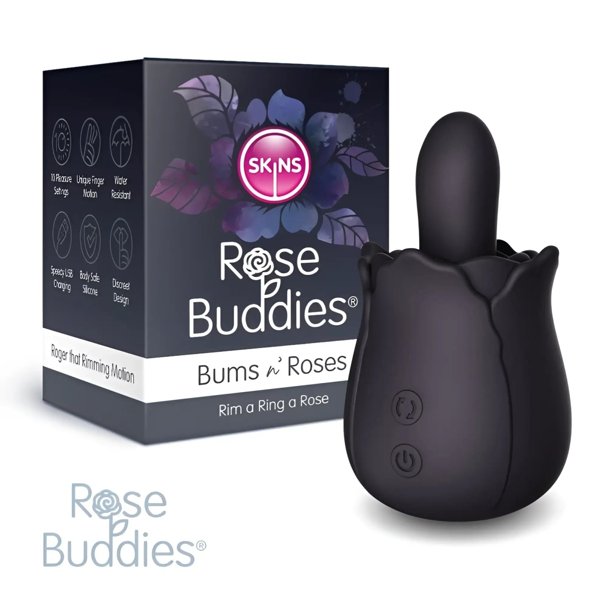 Creativec skins rose buddies bum n roses black black silicone rose shaped vibrator with smooth glossy finish and embossed buttons