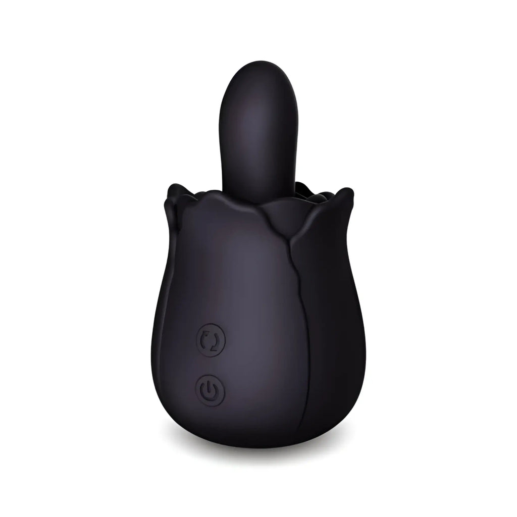 Black silicone rose-shaped vibrator with two control buttons on the base from CreativeC Skins Rose Buddies Bum N Roses