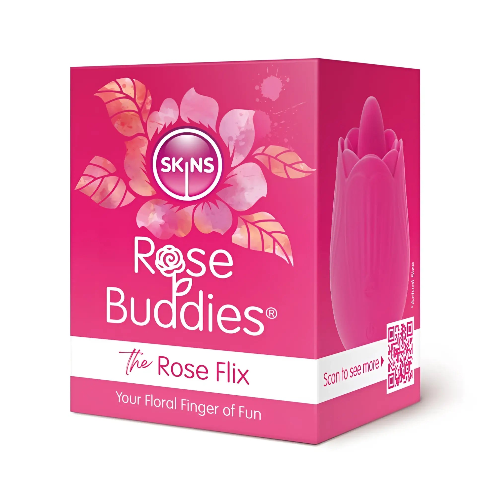 Pink silicone rose-shaped vibrator in CreativeC Skins rose buddies branded packaging for discreet use
