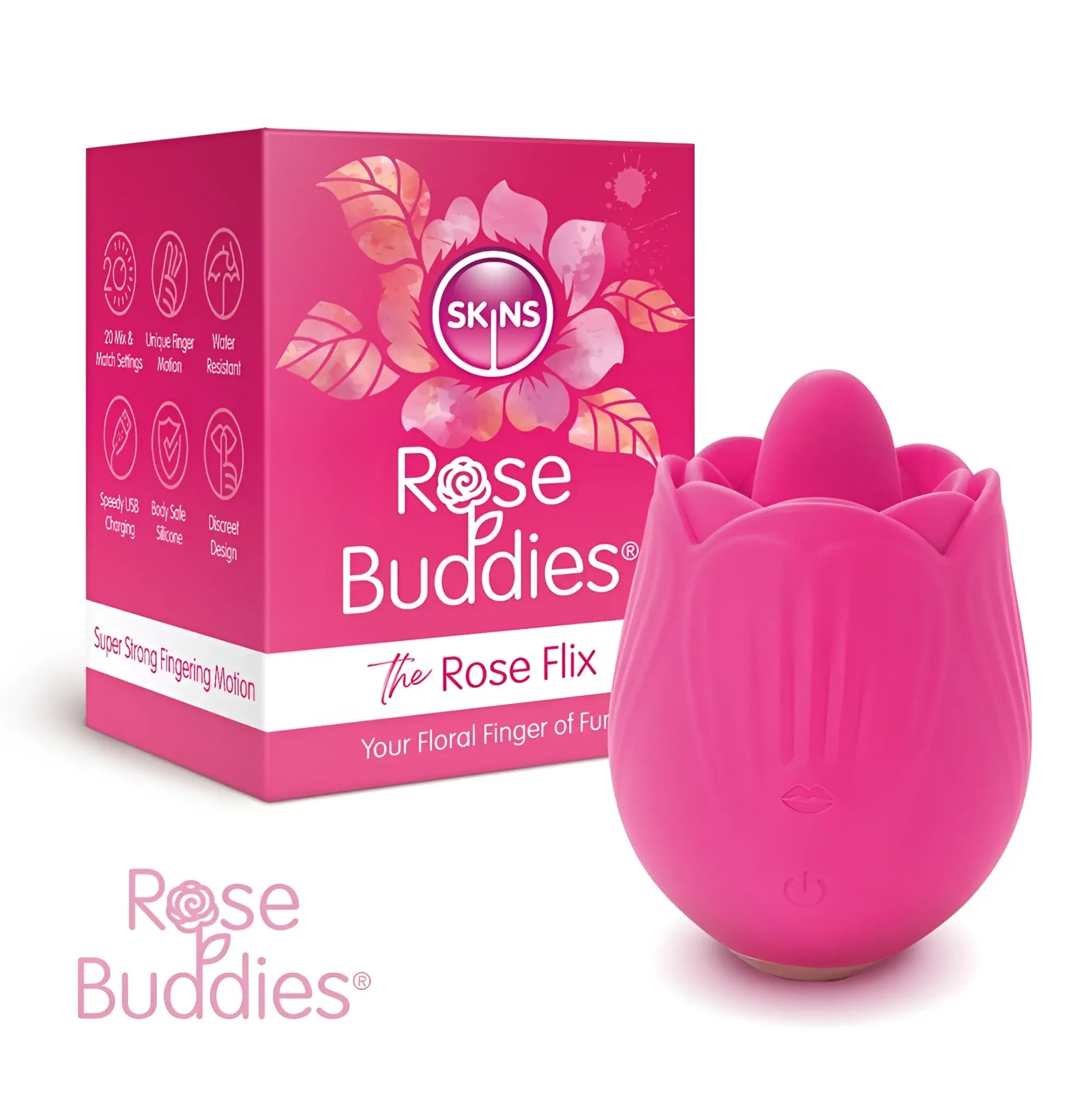 Pink silicone rose-shaped vibrator with smooth glossy finish and petal-like design from creativec skins rose buddies