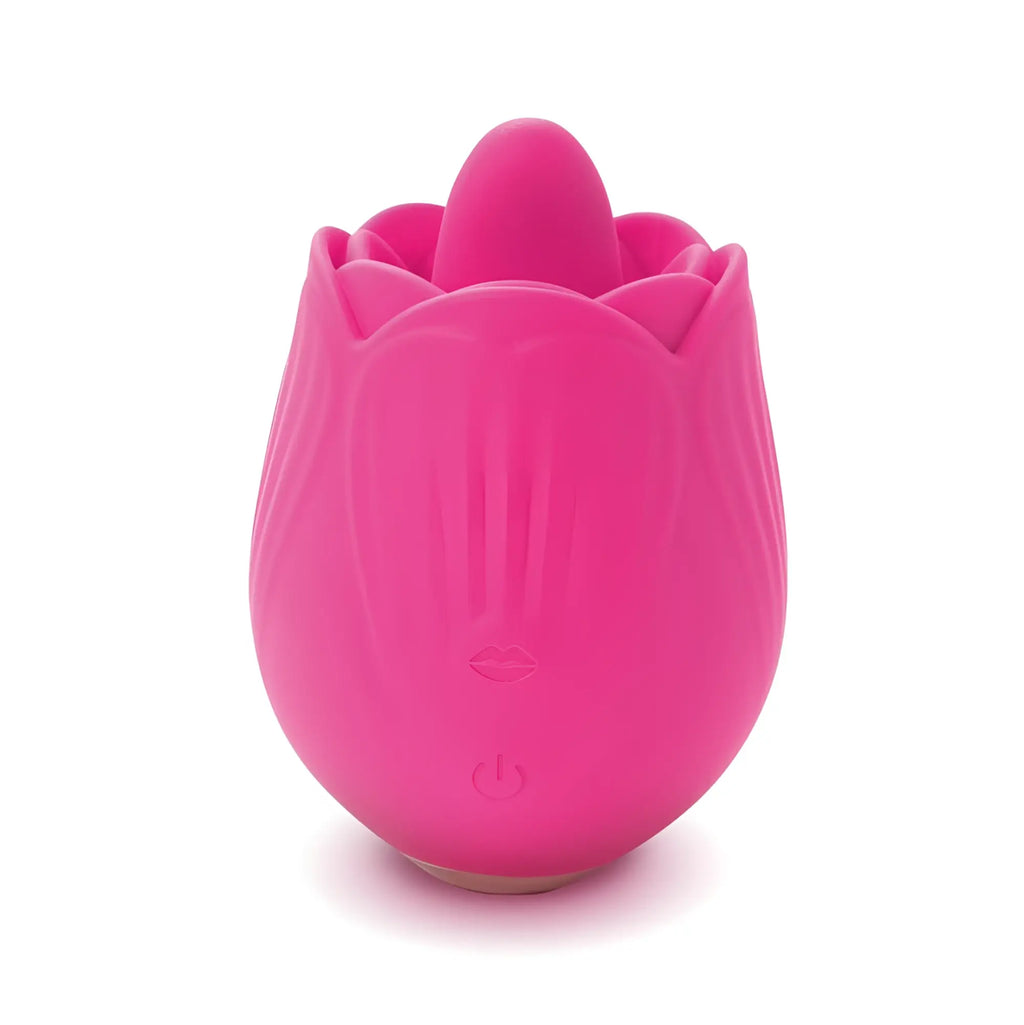Vibrant pink silicone flower-shaped vibrator with glossy finish and embossed details from CreativeC Skins Rose Buddies The Rose Flix