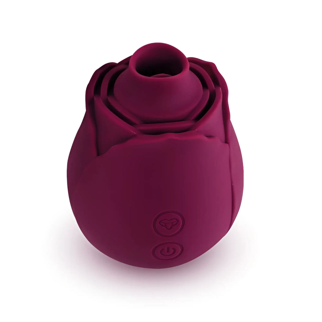 A plush deep burgundy silicone rose-shaped vibrator with two embossed control buttons by CreativeC Skins Rose Buddies