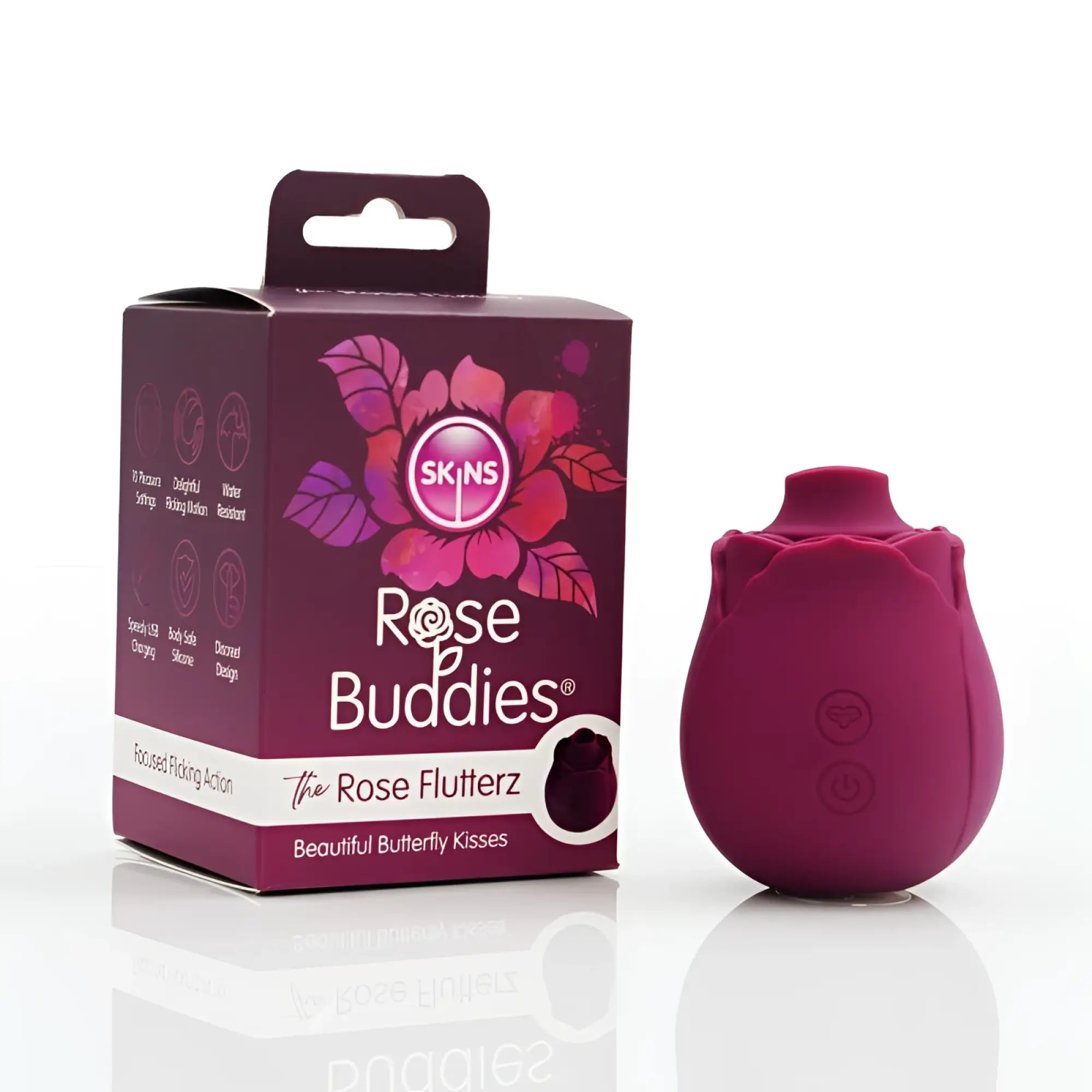 CreativeC Skins Rose Buddies The Rose Flutters is a deep magenta silicone rose-shaped vibrator with embossed controls