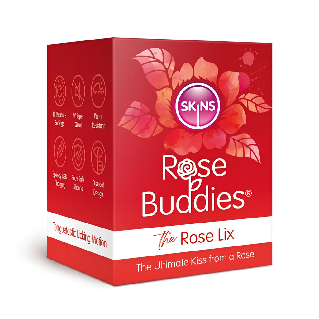 Red rectangular CreativeC skins box for Rose Buddies The Rose Lix with watercolor rose design and white text