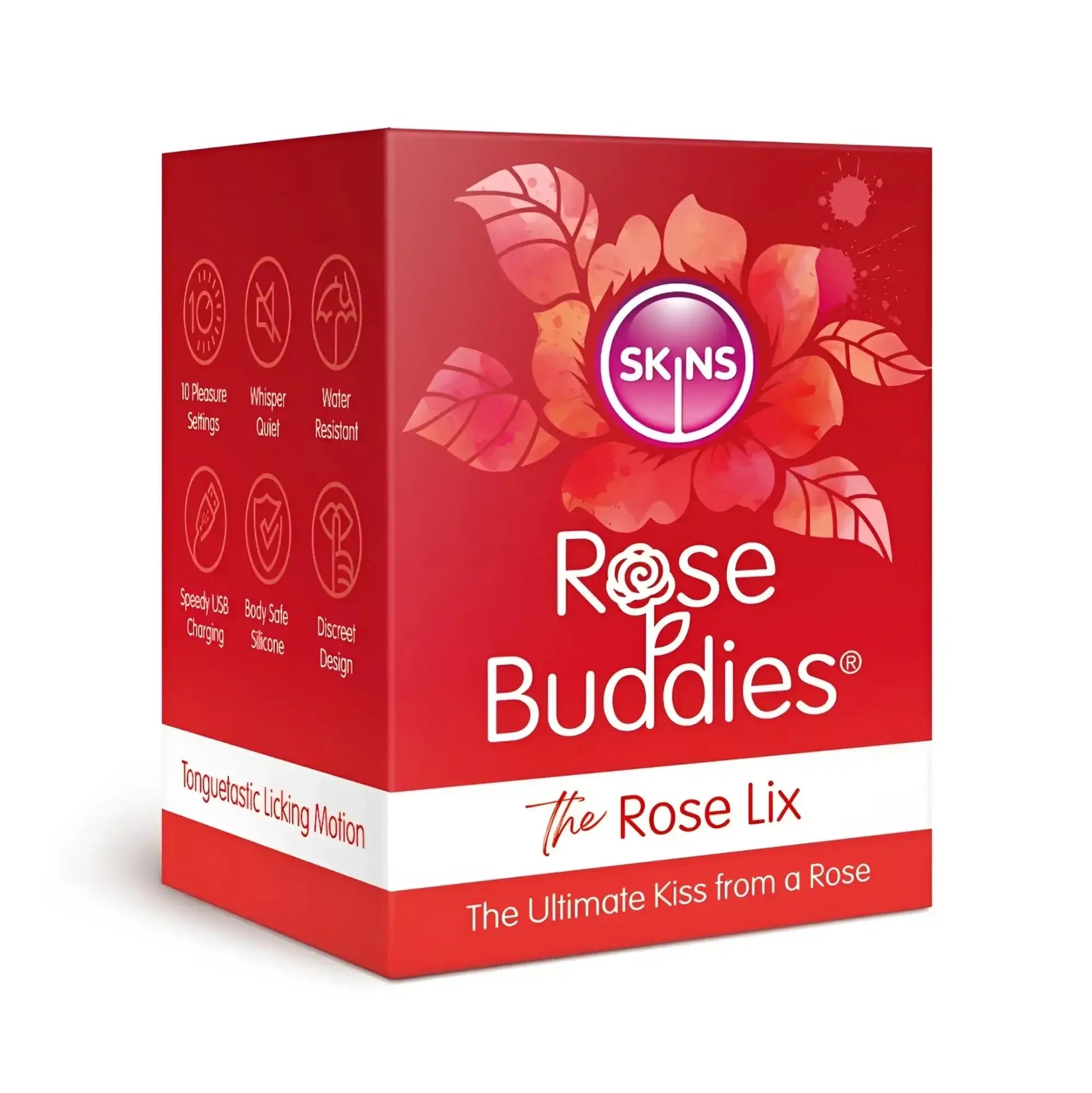 Red rectangular CreativeC skins box for Rose Buddies The Rose Lix with watercolor rose design and white text