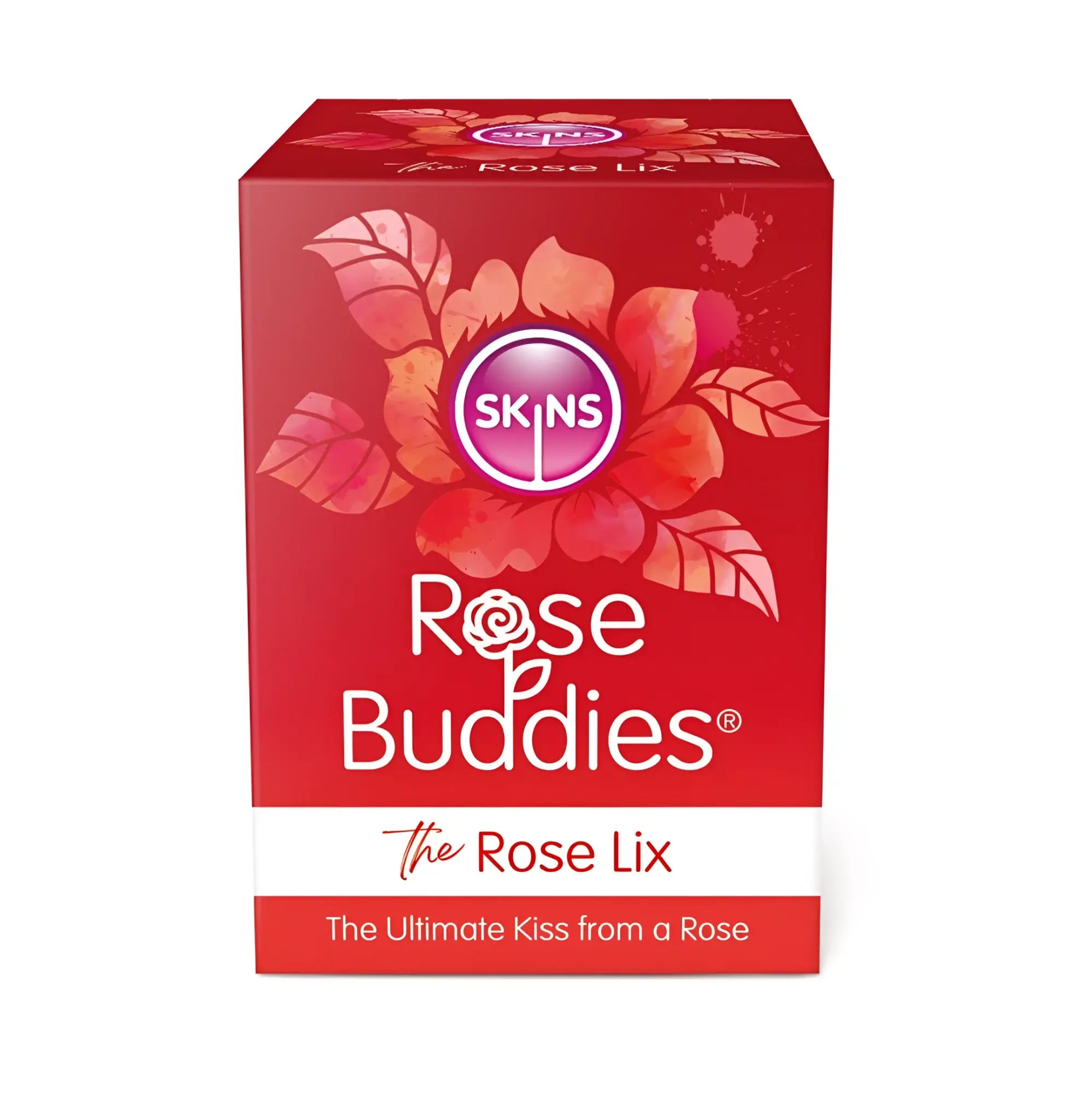 Red rectangular box with watercolor rose design featuring skins brand and rose buddies the rose lix product line