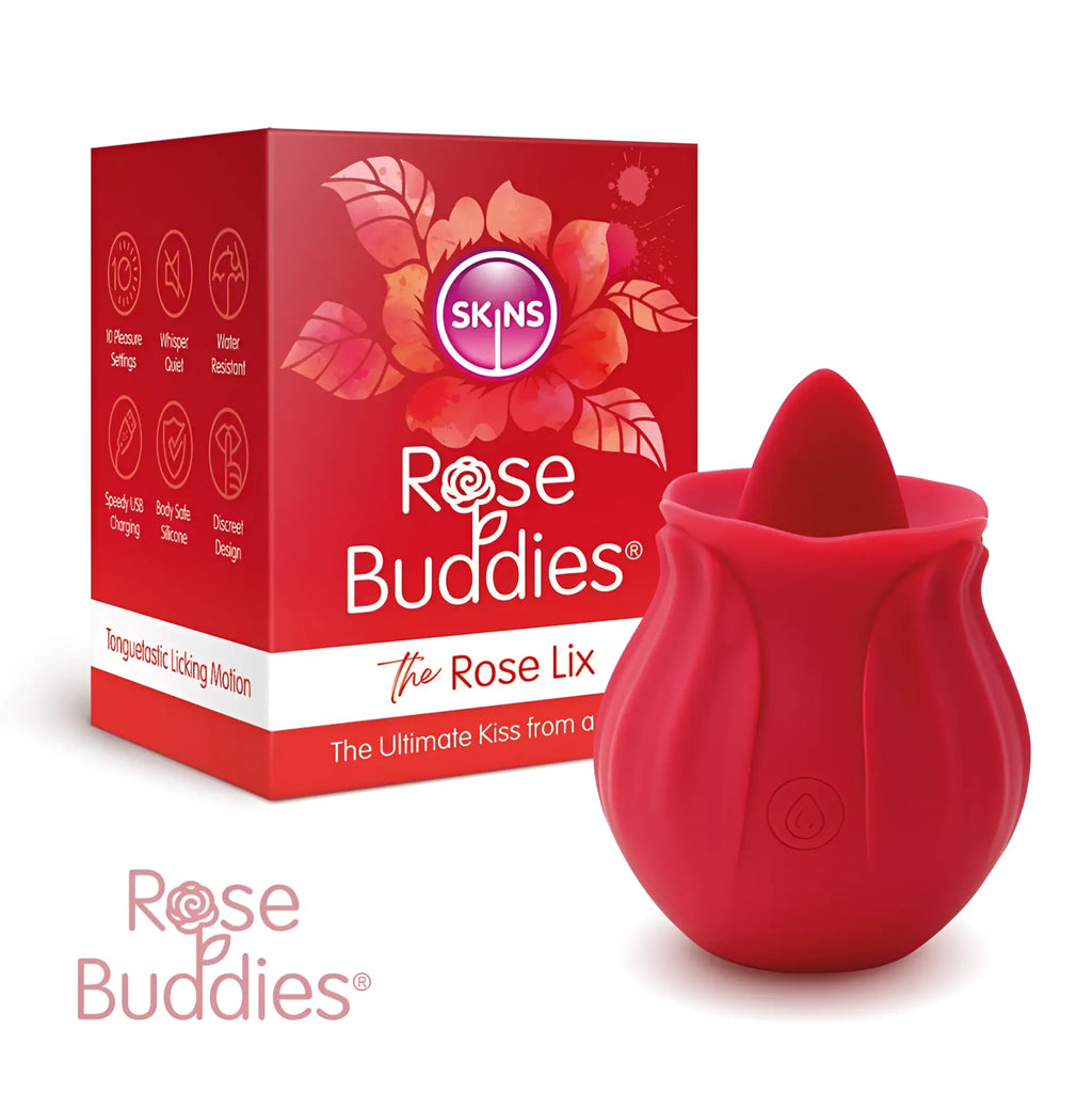 Red silicone rose-shaped vibrator with glossy finish and embossed detailing from creativec skins rose buddies the rose lix