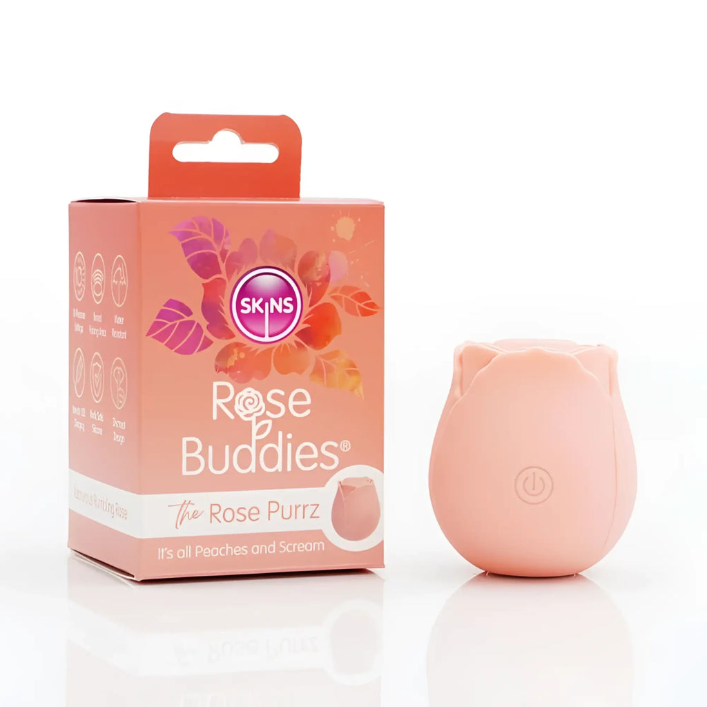 A peach-colored silicone rose-shaped vibrator from skins model rose buddies the rose purrz for creative play