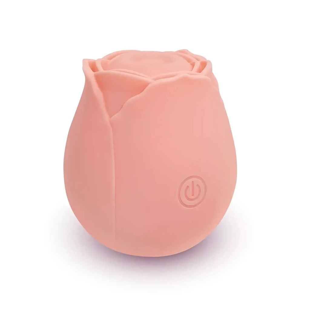 A soft pink silicone rose-shaped vibrator with a power button on its side from creativec skins rose buddies the rose purrz