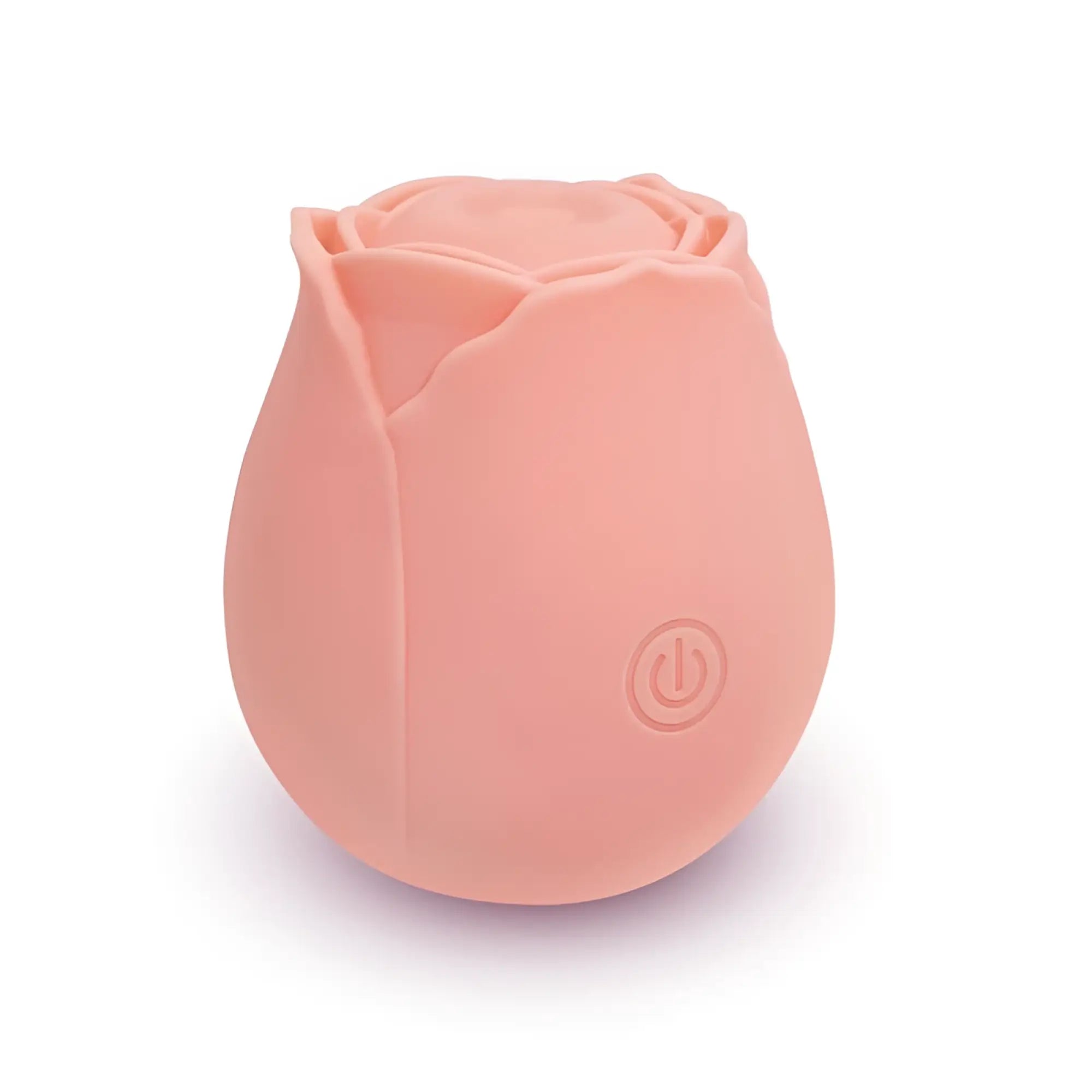 A soft pink silicone rose-shaped vibrator with a power button on its side from creativec skins rose buddies the rose purrz