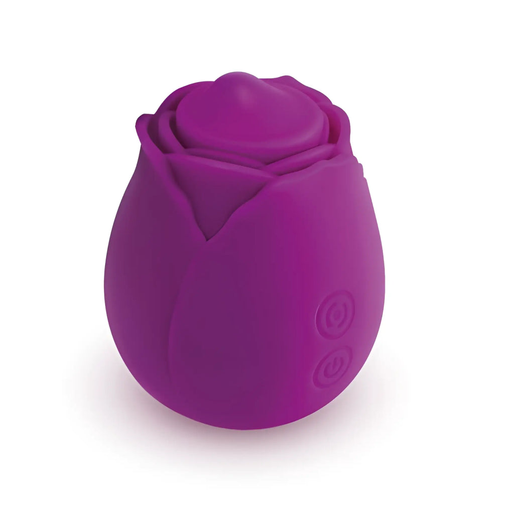 Purple silicone rose shaped vibrator with two circular control buttons on the side from CreativeC Skins Rose Buddies The Rose Twirls