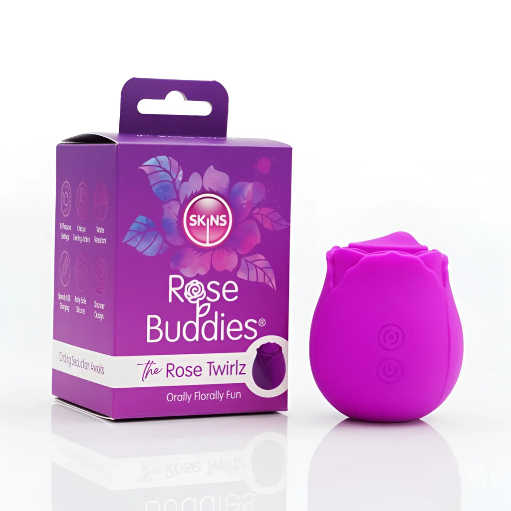 Vibrant purple silicone rose-shaped toy with two circular buttons from CreativeC Skins Rose Buddies The Rose Twirls