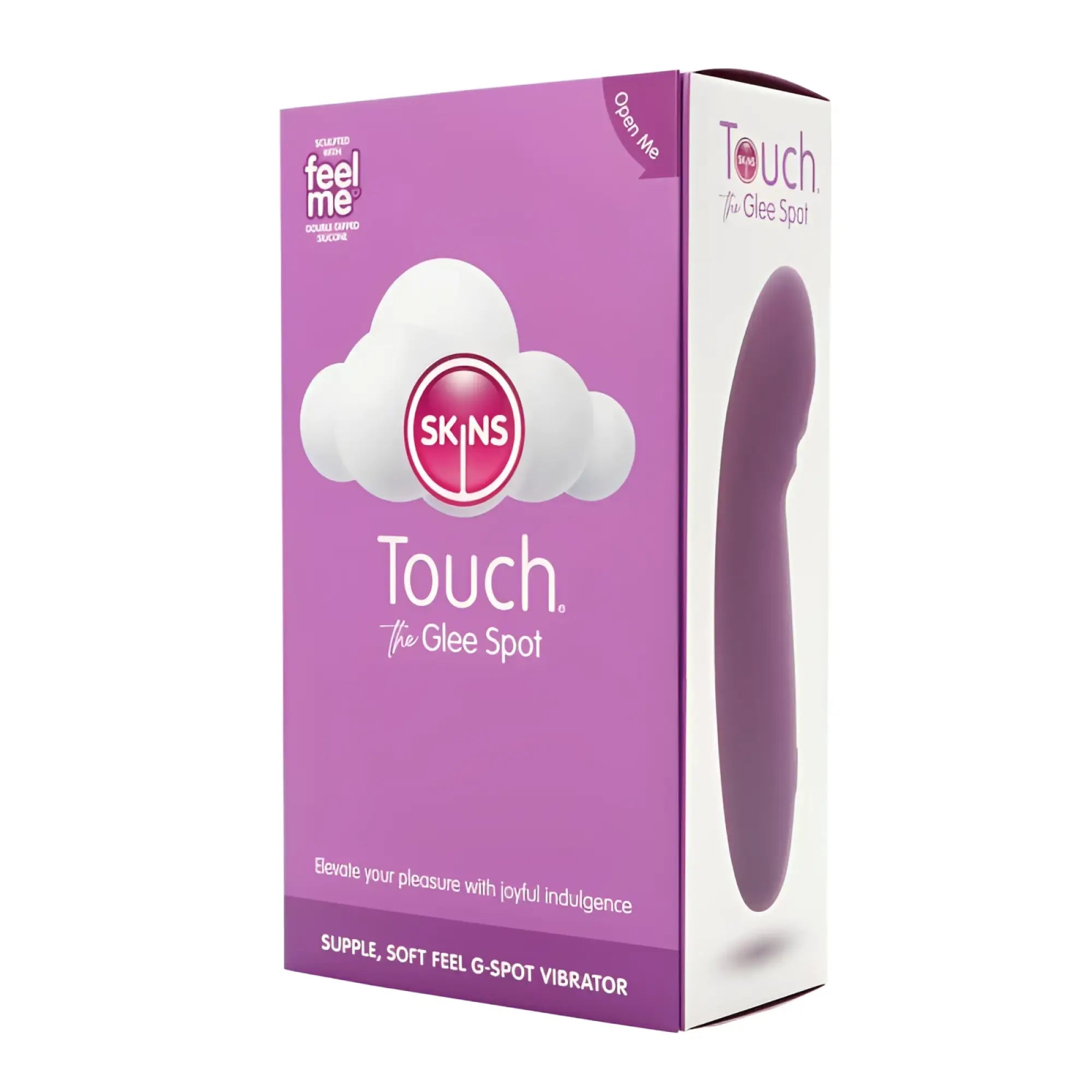 Purple silicone g-spot vibrator CreativeC Skins touch the glee spot in its branded packaging for targeted stimulation