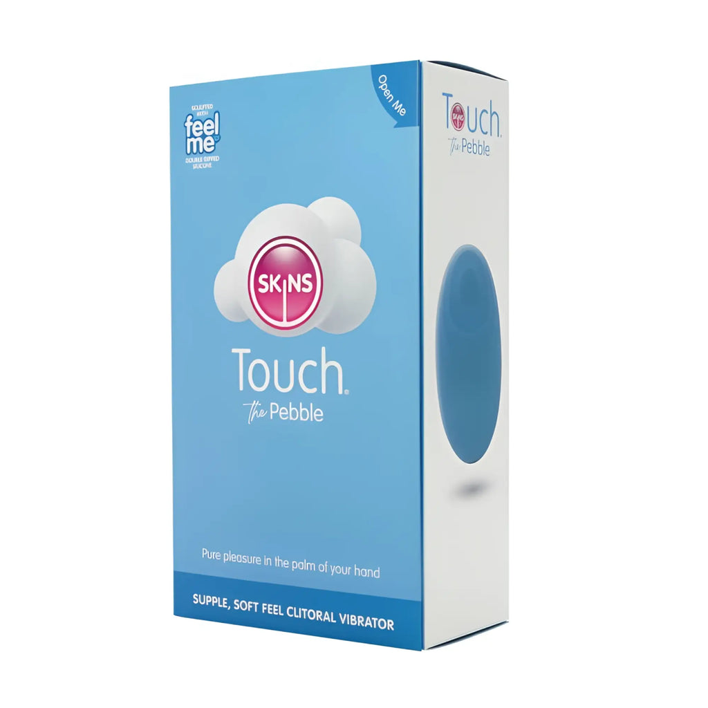 Blue and white packaging for creativec skins touch the pebble clitoral vibrator with cloud logo and pink text