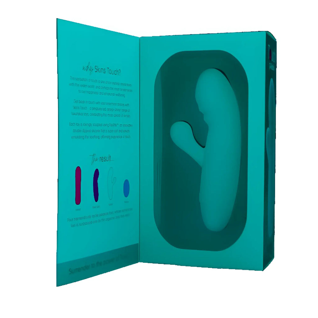 Teal silicone rabbit toy in a matching branded CreativeC Skins Touch The Rabbit box for sensory play