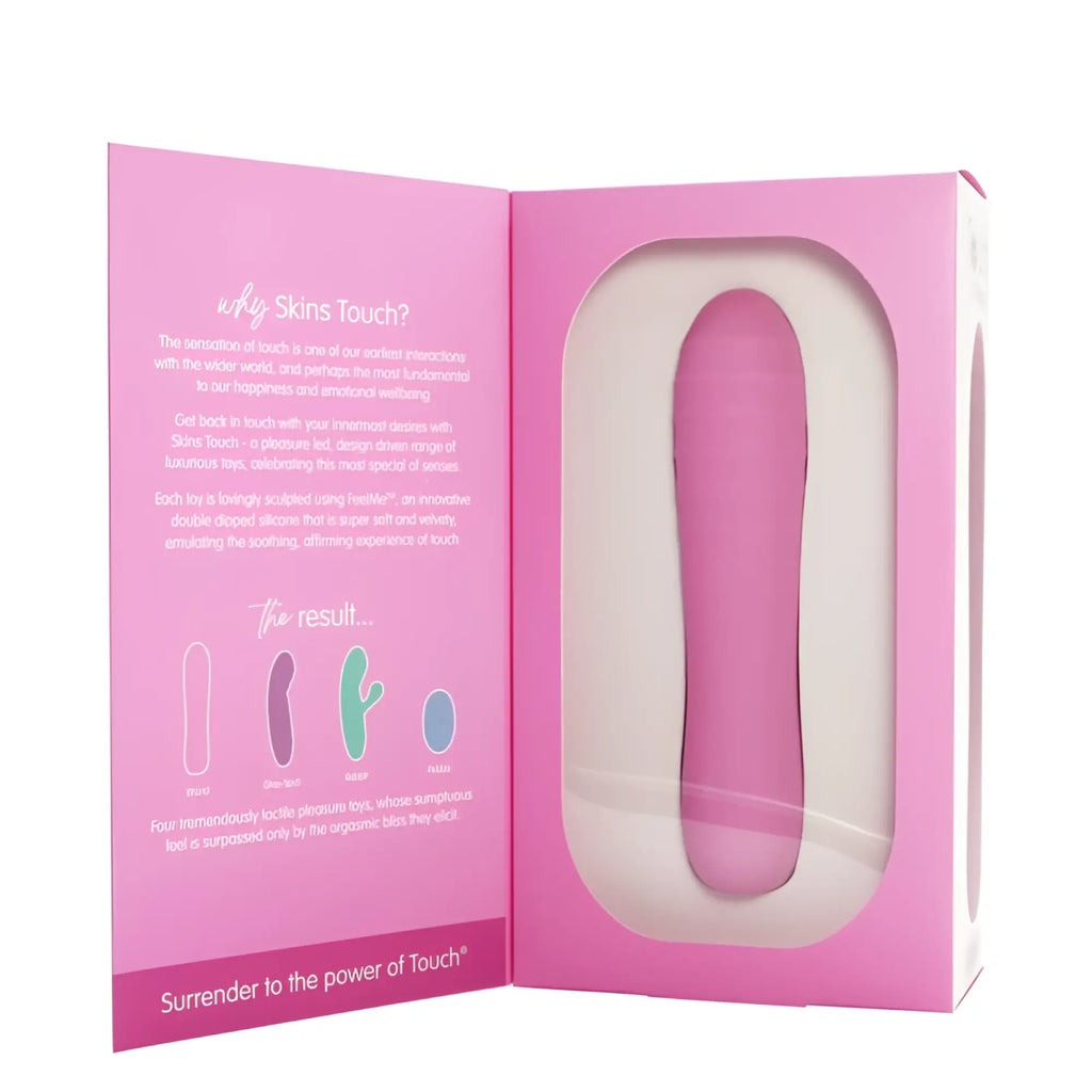 Pink silicone pleasure toy in a pink box from creativec skins touch the wand collection