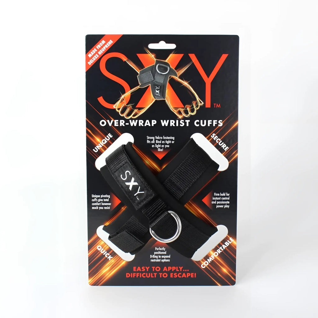 Black CreativeC sxy cuffs over-wrap wrist restraints with white plastic ends and silver d-ring on branded straps