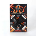 Black CreativeC sxy cuffs over-wrap wrist restraints with white plastic ends and silver d-ring on branded straps